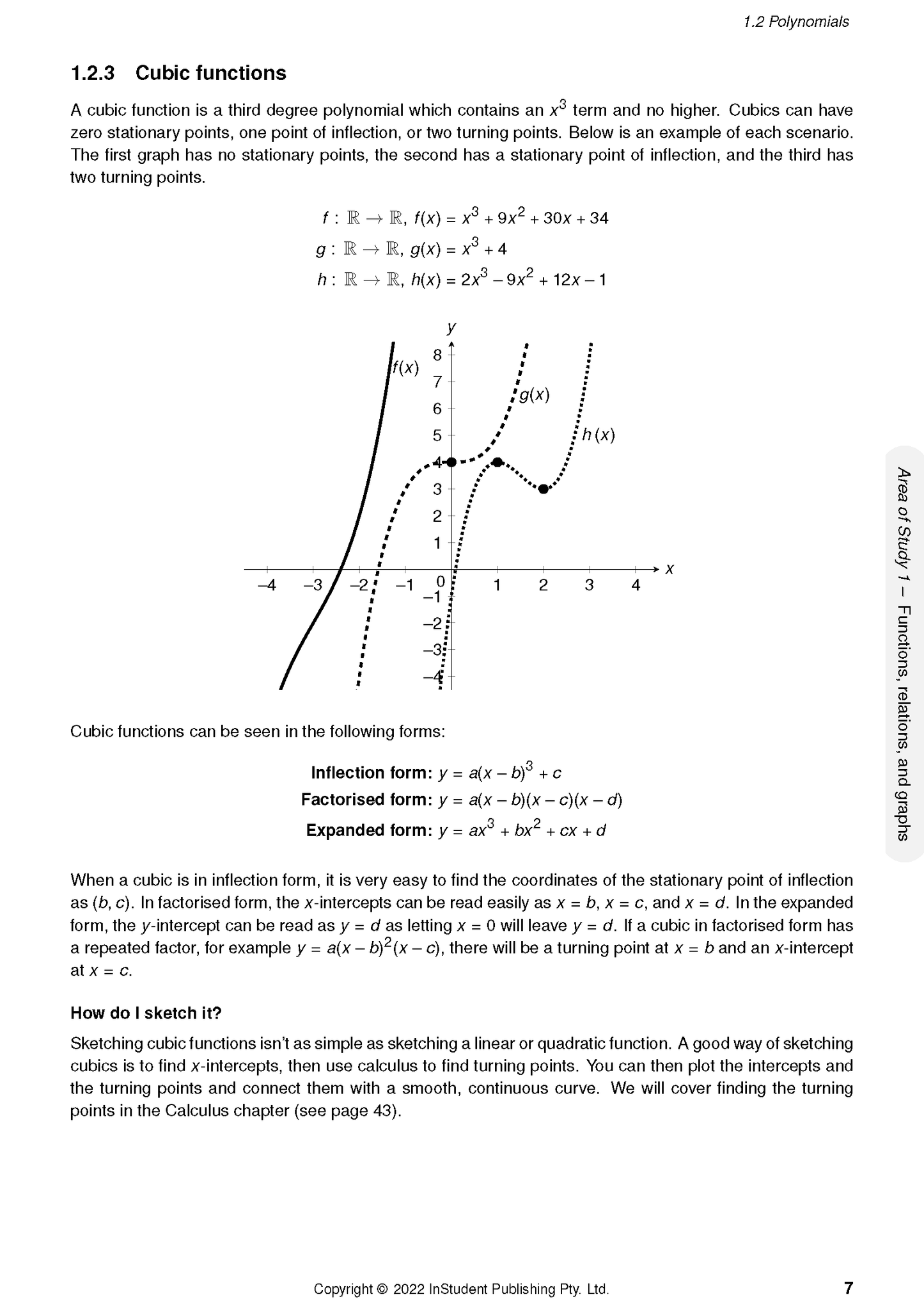 Course Notes page for VCE Maths Methods 3&4 by ATAR Notes, displaying cubic functions text and graph on white paper.