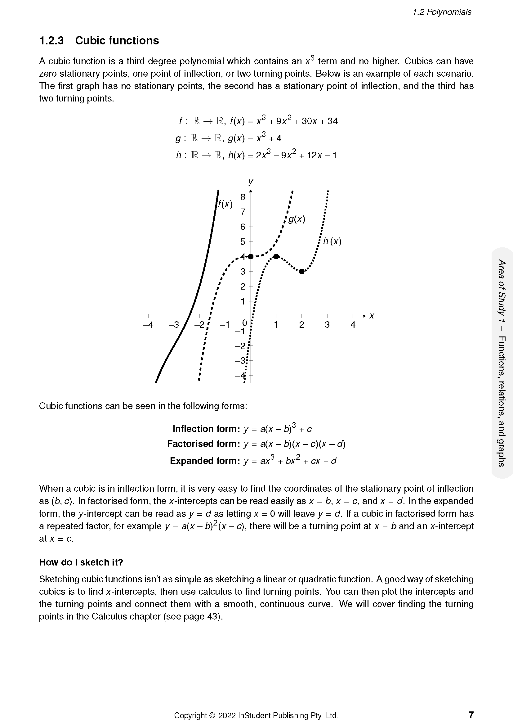 Course Notes page for VCE Maths Methods 3&4 by ATAR Notes, displaying cubic functions text and graph on white paper.