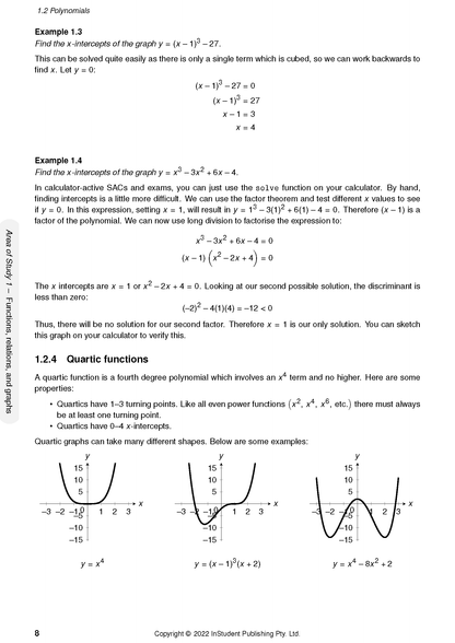 Complete VCE Maths Methods 3&4 Course Notes by ATAR Notes, a white page with polynomial examples, calculations, and three quartic graphs.