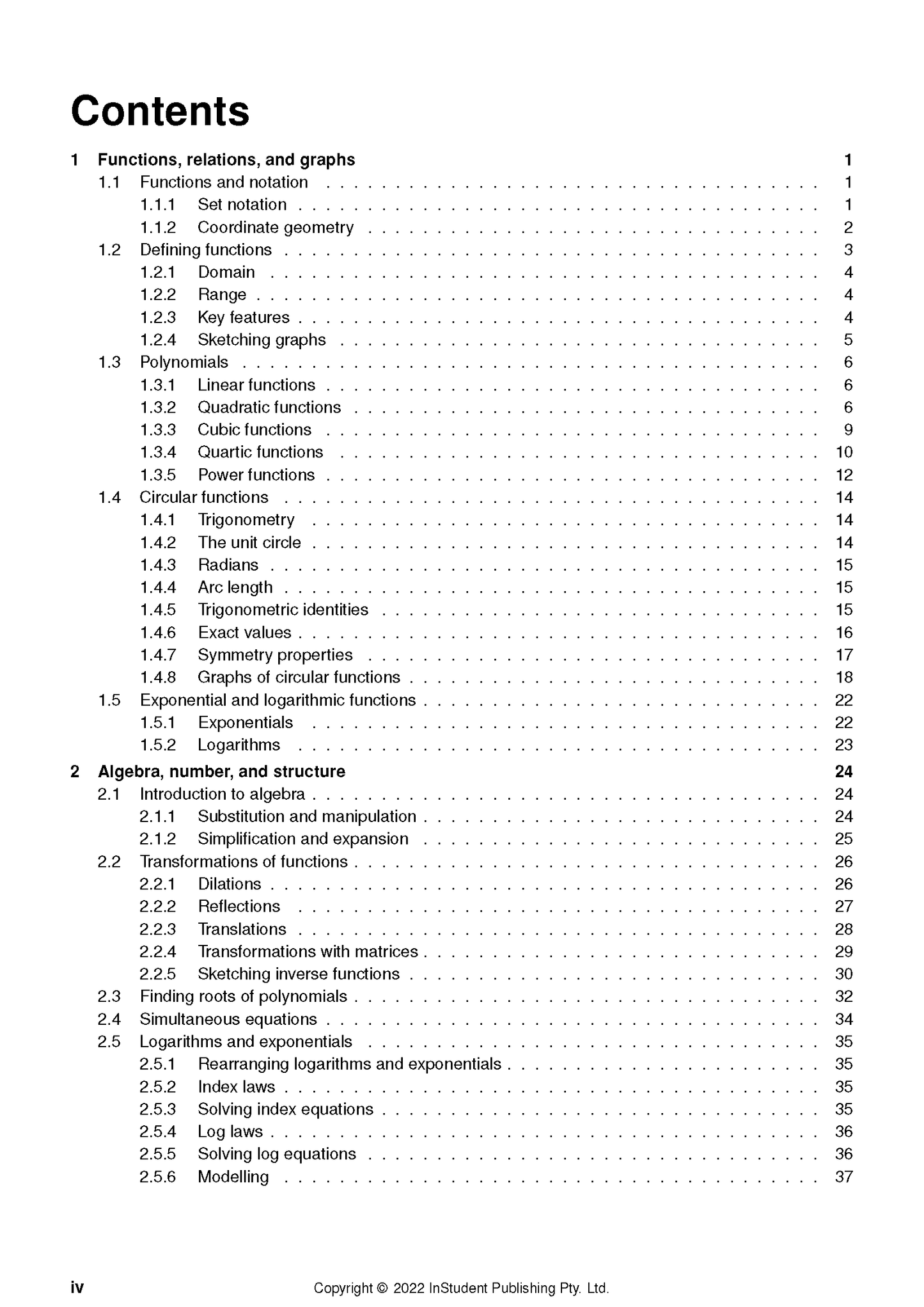 Course notes by ATAR Notes, displaying a detailed table of contents for VCE Maths Methods 1&2.
