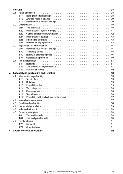 Course notes by ATAR Notes, displaying a table of contents with major sections for Calculus and Data Analysis.