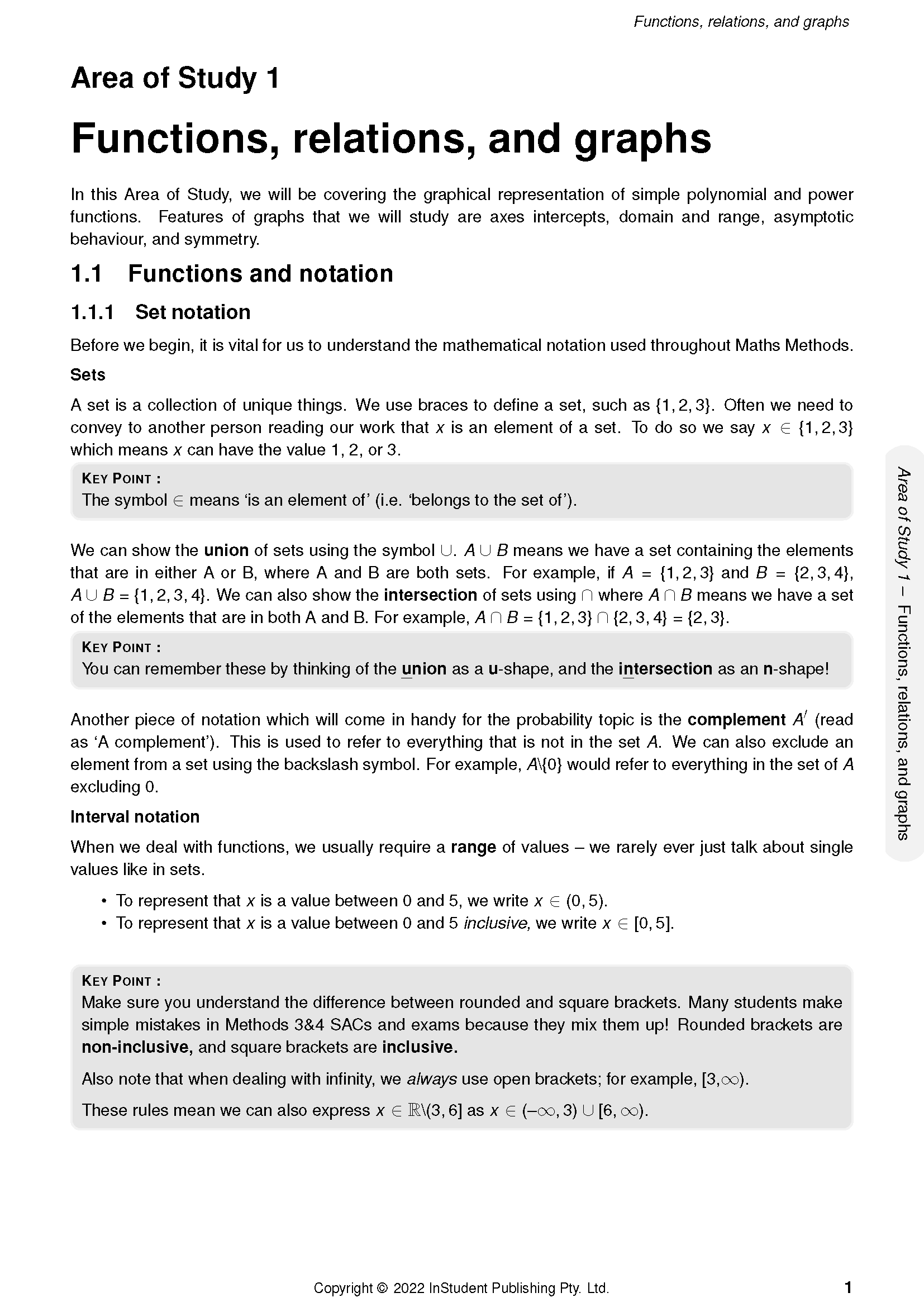 VCE Maths Methods 1&2 Course Notes by ATAR Notes, displaying a page about functions, relations, graphs, and notation.