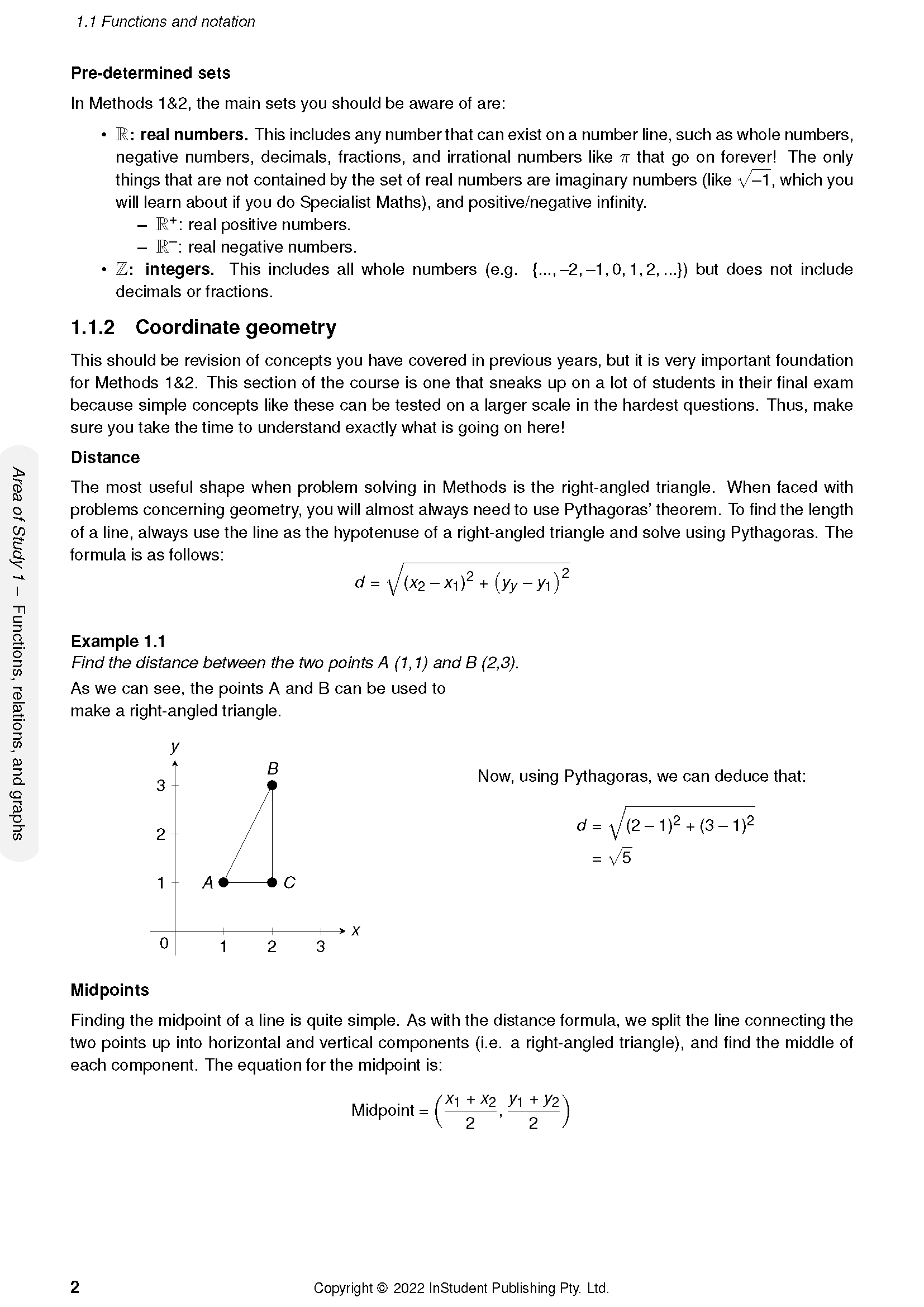 VCE Maths Methods 1&2 Course Notes by ATAR Notes, displaying content on coordinate geometry, number sets, and distance/midpoint formulas.
