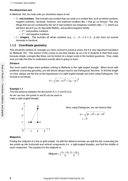 VCE Maths Methods 1&2 Course Notes by ATAR Notes, displaying content on coordinate geometry, number sets, and distance/midpoint formulas.