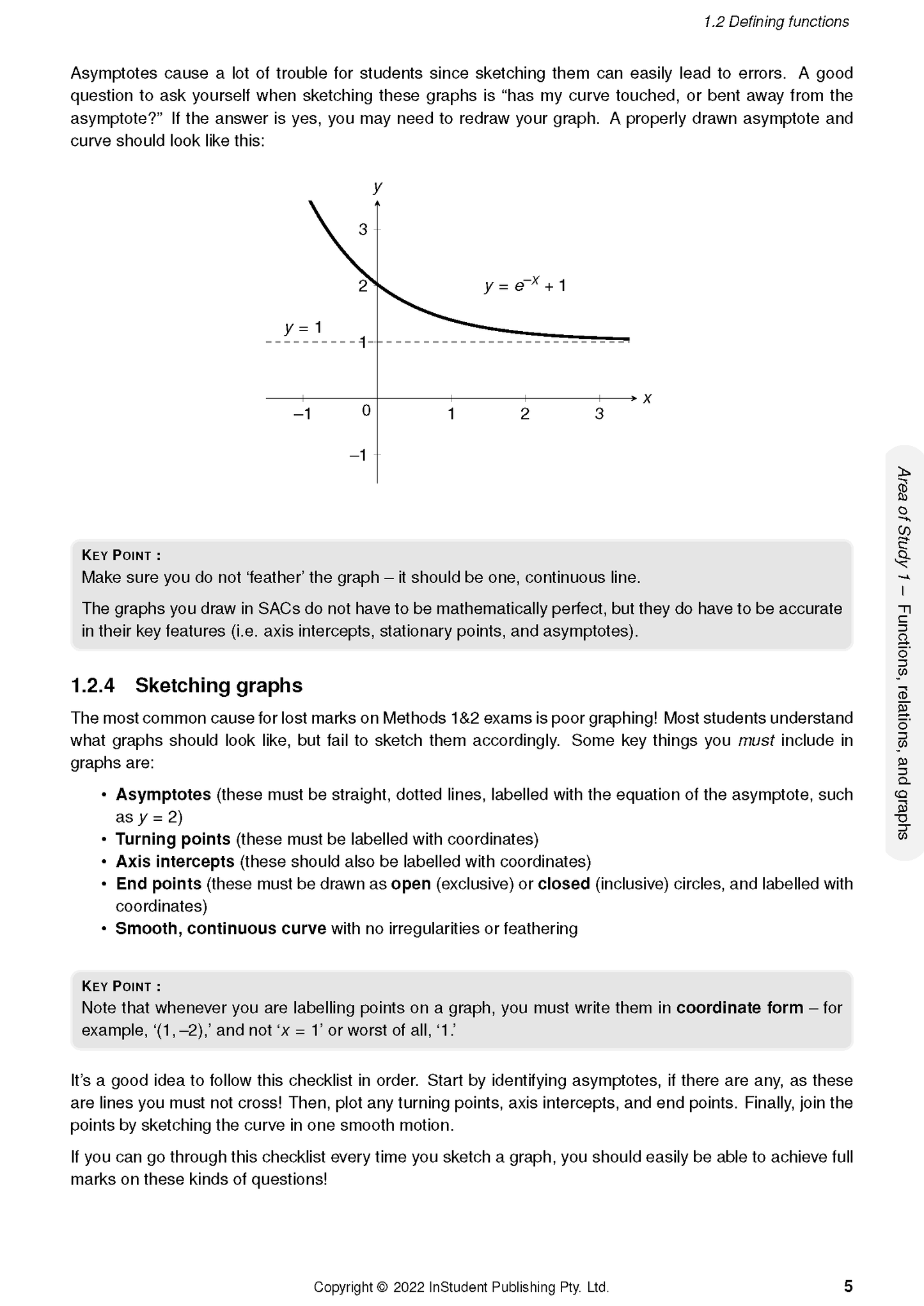 VCE Maths Methods course notes page by ATAR Notes, featuring text, a graph of y=e^-x+1, and key points on sketching.