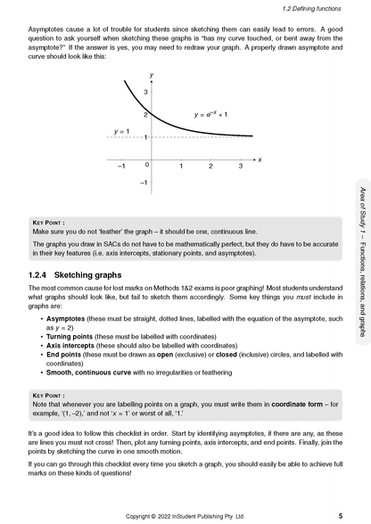 VCE Maths Methods course notes page by ATAR Notes, featuring text, a graph of y=e^-x+1, and key points on sketching.