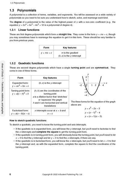 Page from Course Notes by ATAR Notes, detailing quadratic functions with a graph and tables.