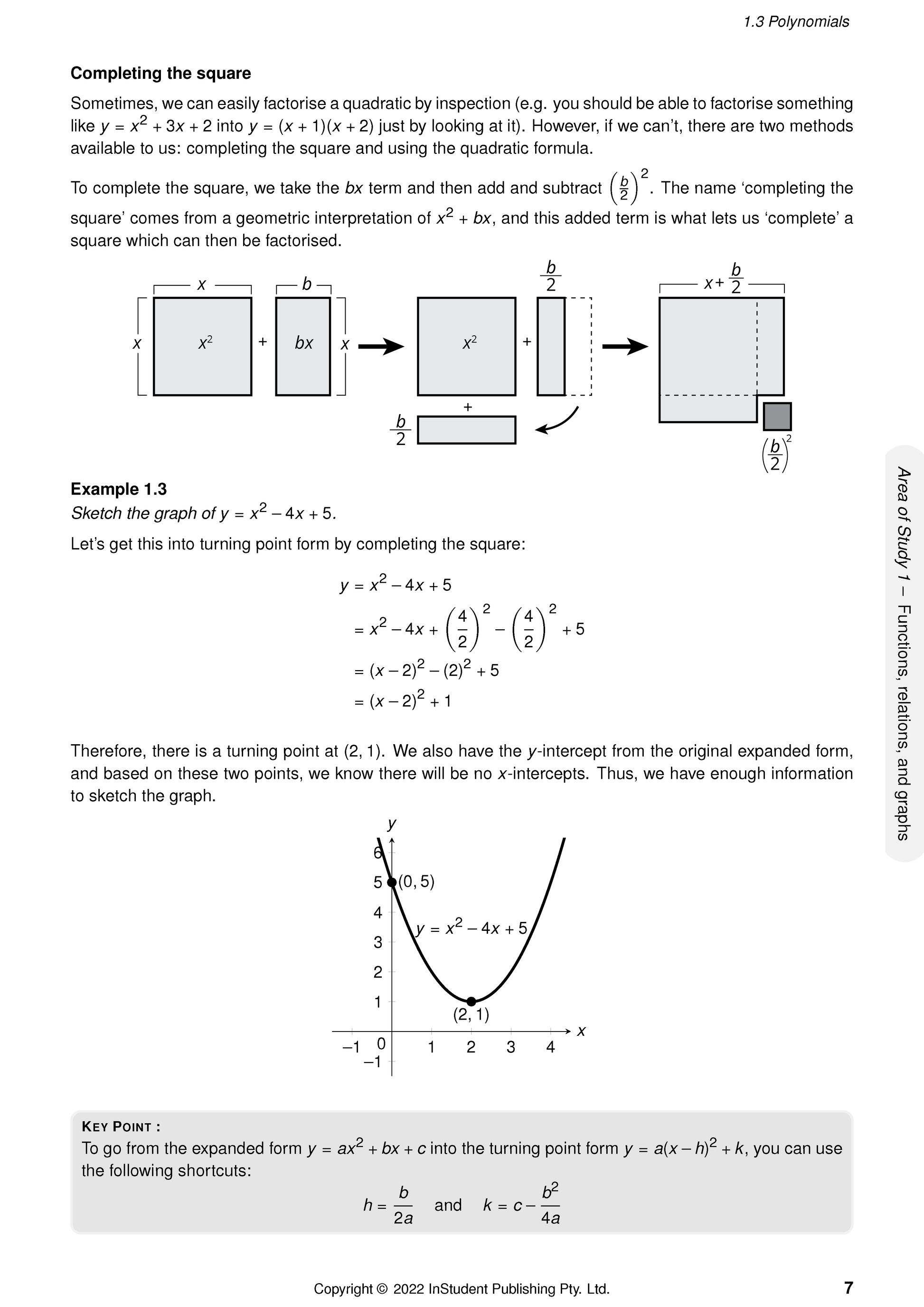 A course notes page by ATAR Notes, displaying mathematical concepts, equations, and a quadratic graph for "Completing the square".