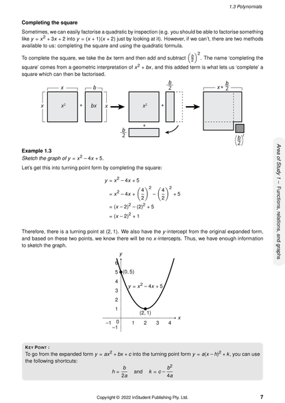 A course notes page by ATAR Notes, displaying mathematical concepts, equations, and a quadratic graph for "Completing the square".