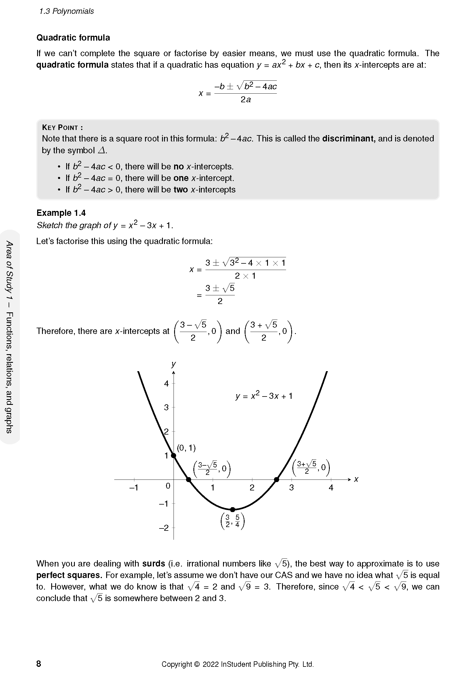 Course notes by ATAR Notes showing a page with quadratic formulas, equations, and a graph of a parabola.