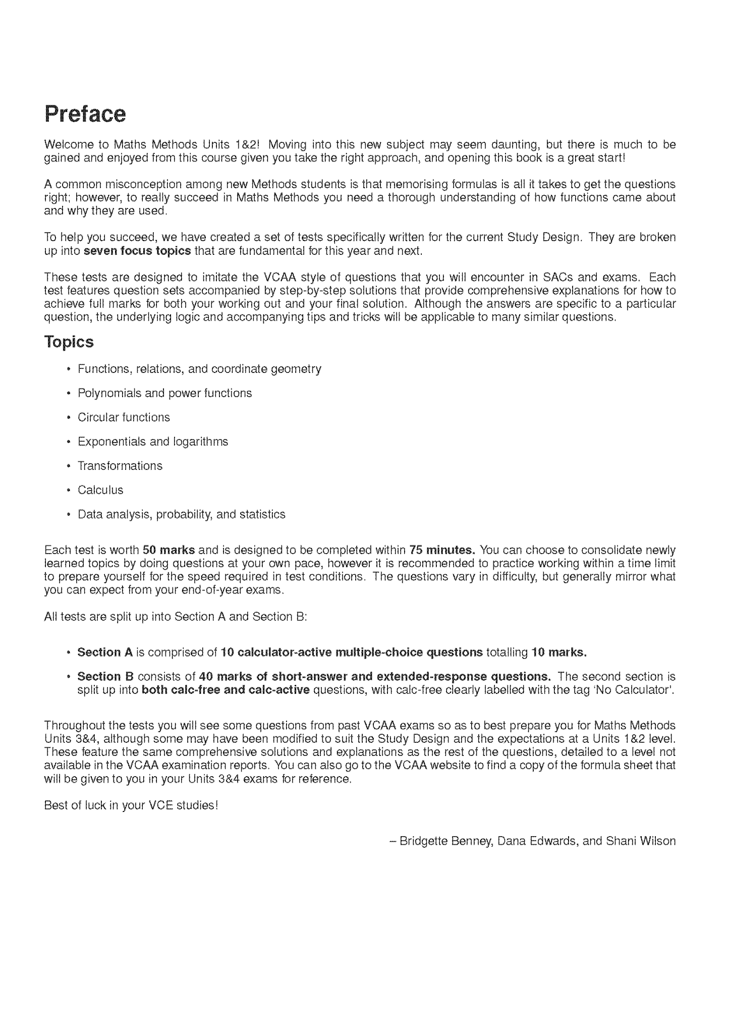 Topic Tests on white paper with black text by ATAR Notes, detailing the preface and topics for Maths Methods Units 1&2.
