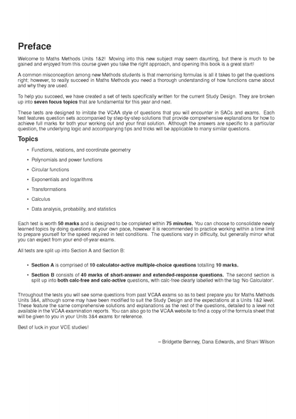 Topic Tests on white paper with black text by ATAR Notes, detailing the preface and topics for Maths Methods Units 1&2.