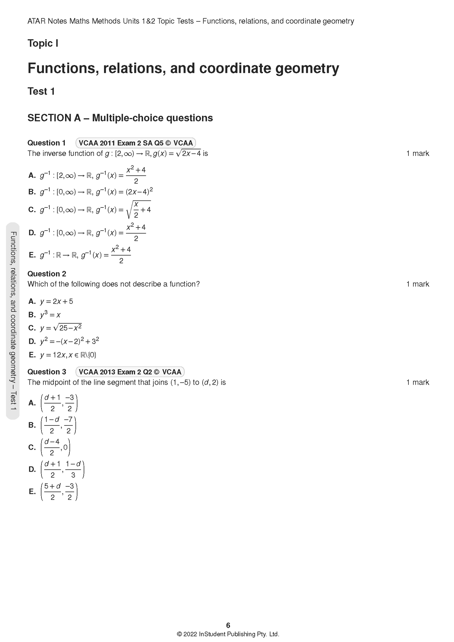 VCE Maths Methods 1&2 Topic Tests by ATAR Notes, showing a page with multiple-choice questions on functions and geometry.