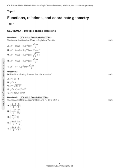 VCE Maths Methods 1&2 Topic Tests by ATAR Notes, showing a page with multiple-choice questions on functions and geometry.