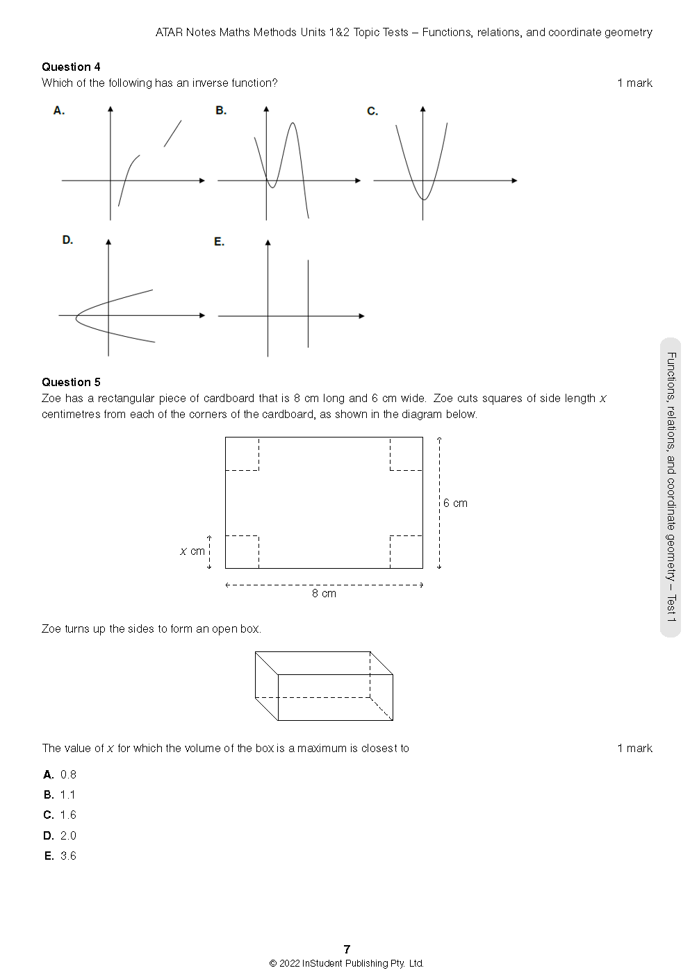 Topic test page by ATAR Notes VCE Maths Methods 1&2 displaying math problems on functions and volume.