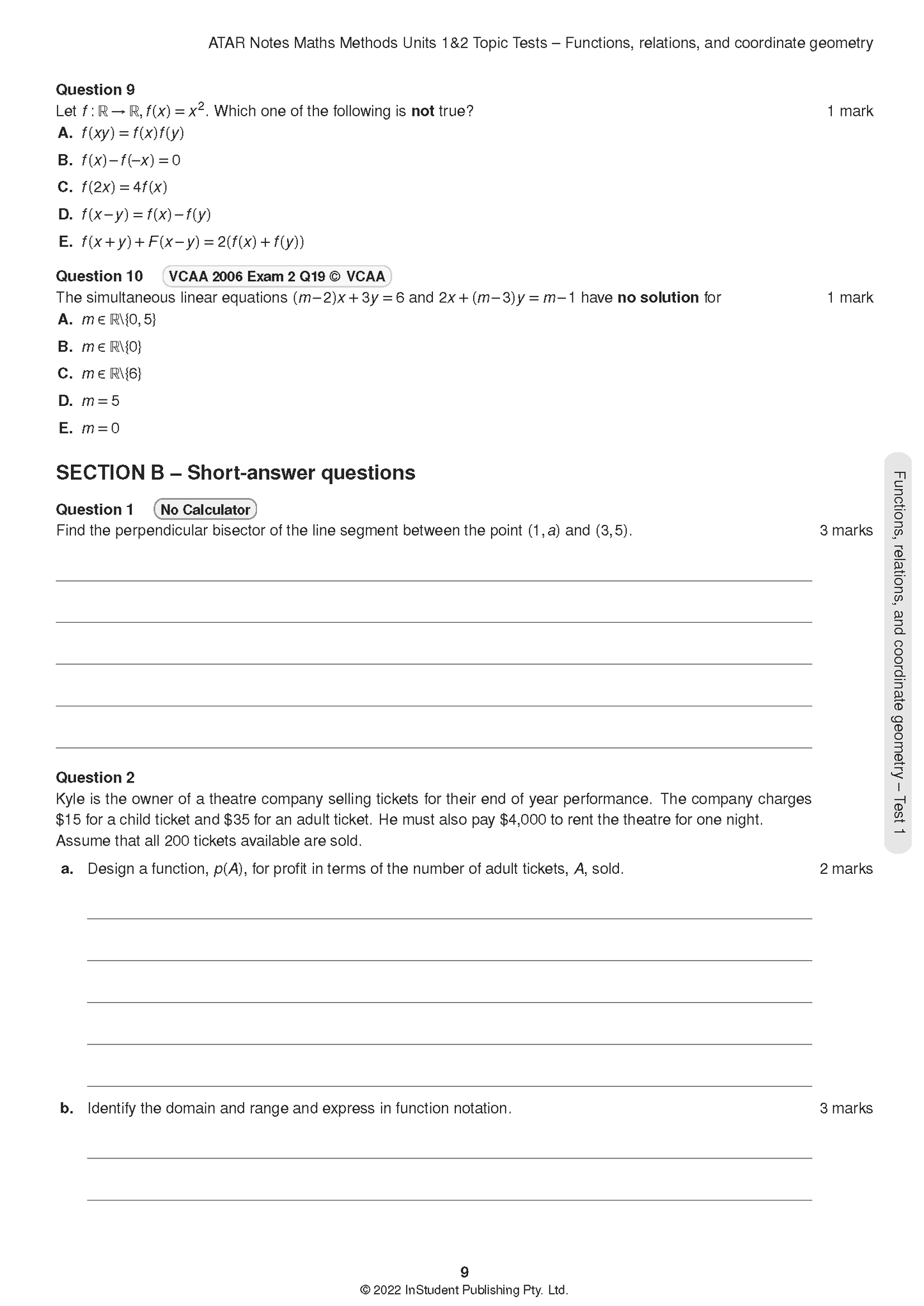 VCE Maths Methods 1&2 Topic Tests for 2024-2026 by ATAR Notes, a white test page displaying multiple-choice and short-answer questions.