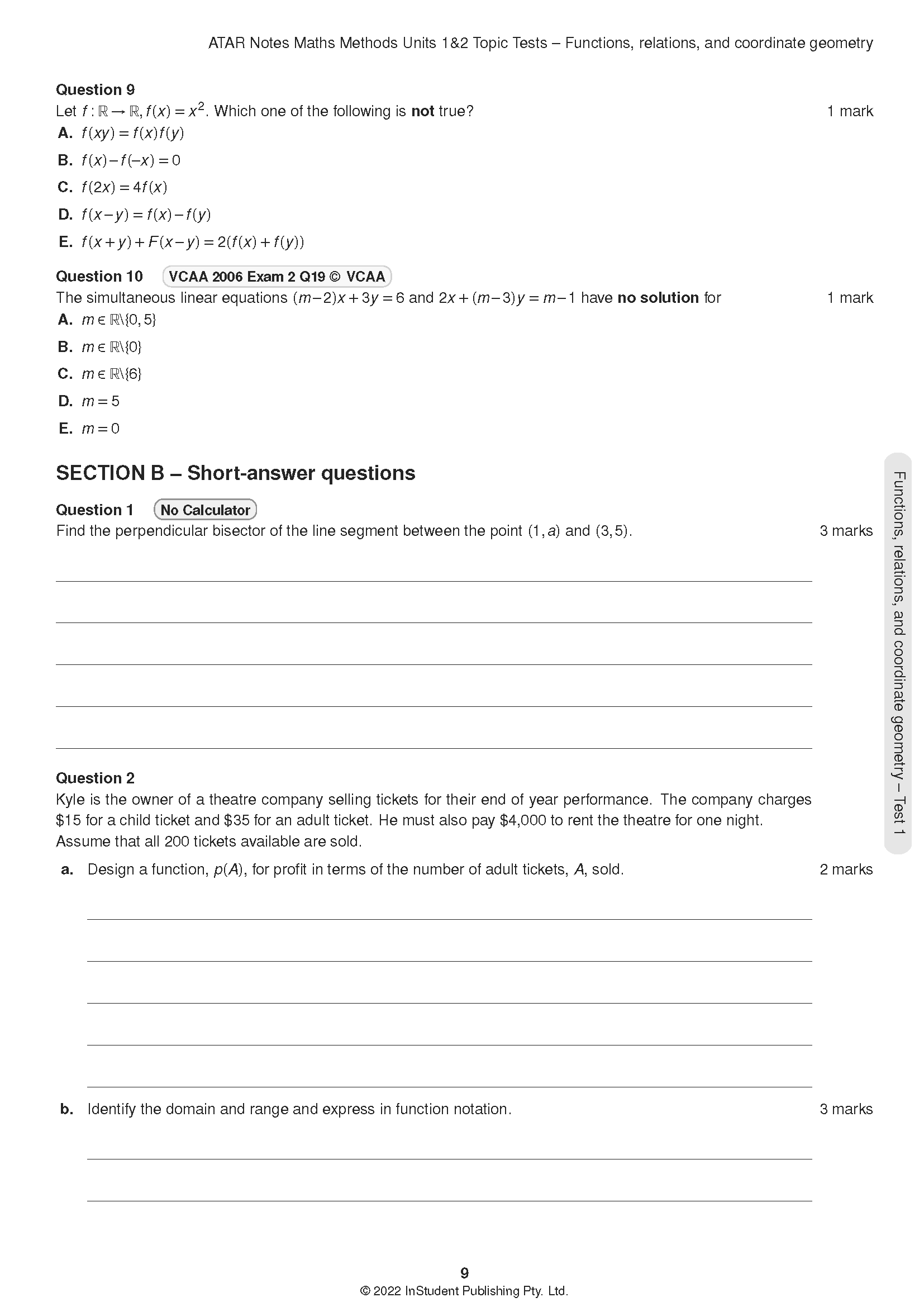 VCE Maths Methods 1&2 Topic Tests for 2024-2026 by ATAR Notes, a white test page displaying multiple-choice and short-answer questions.
