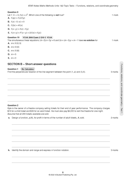 VCE Maths Methods 1&2 Topic Tests for 2024-2026 by ATAR Notes, a white test page displaying multiple-choice and short-answer questions.