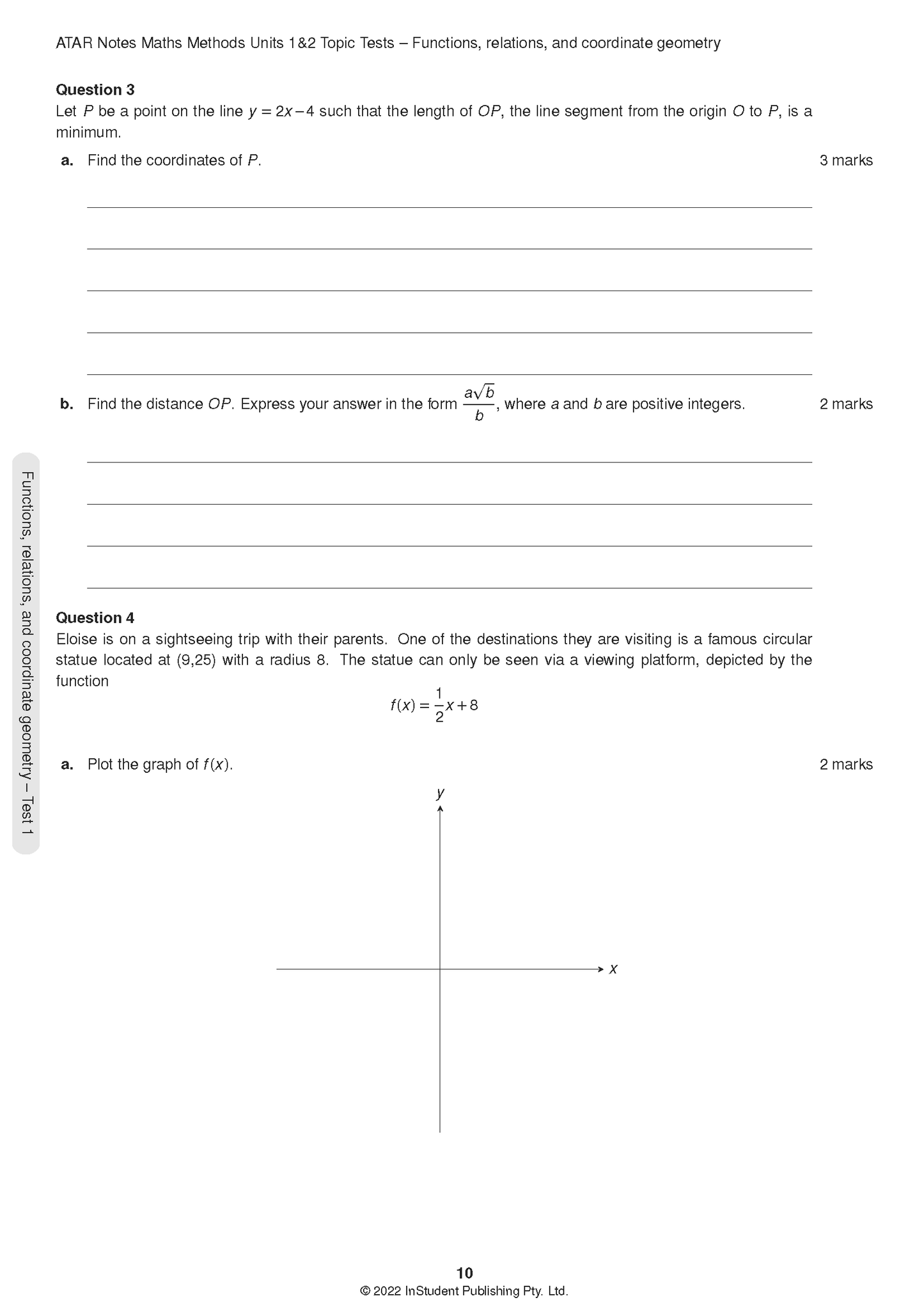 White Maths Topic Test booklet page by ATAR Notes, showing coordinate geometry questions and a graph plotting area.