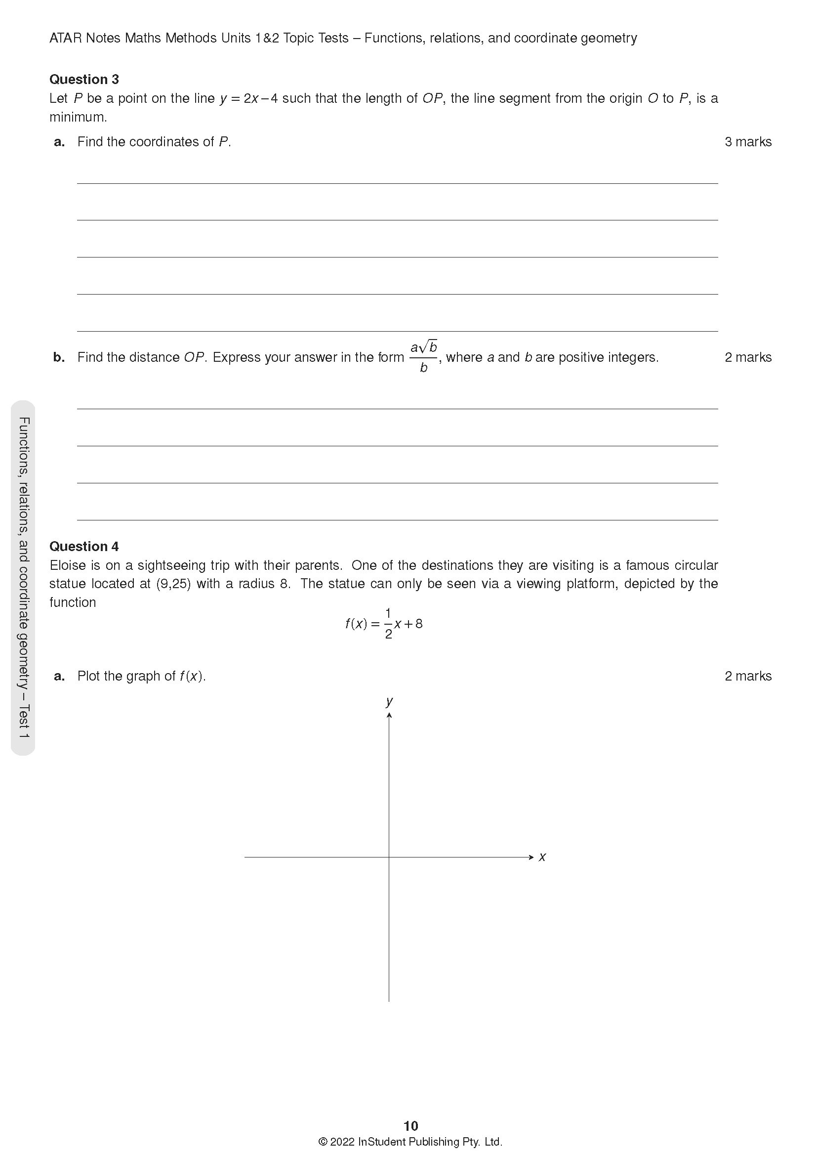 White Maths Topic Test booklet page by ATAR Notes, showing coordinate geometry questions and a graph plotting area.