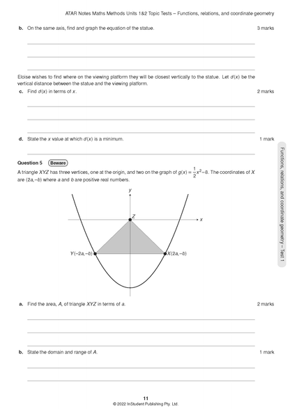 Maths Methods Topic Tests by ATAR Notes showing a page with VCE-level math questions and a coordinate plane graph.