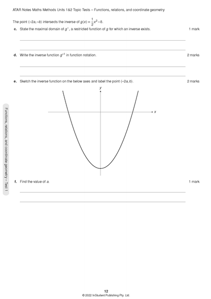 VCE Maths Methods Topic Test page by ATAR Notes, displaying inverse function questions and a parabola graph.
