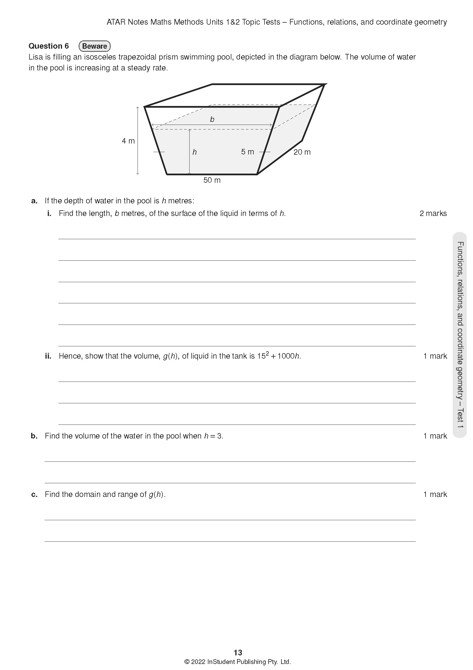 A math topic test page by ATAR Notes showing a geometry problem with a trapezoidal prism pool diagram.