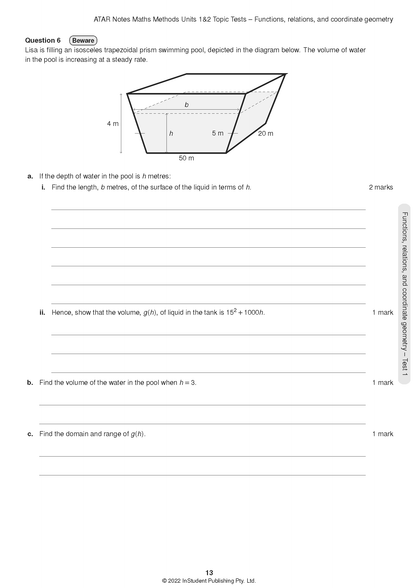 A math topic test page by ATAR Notes showing a geometry problem with a trapezoidal prism pool diagram.