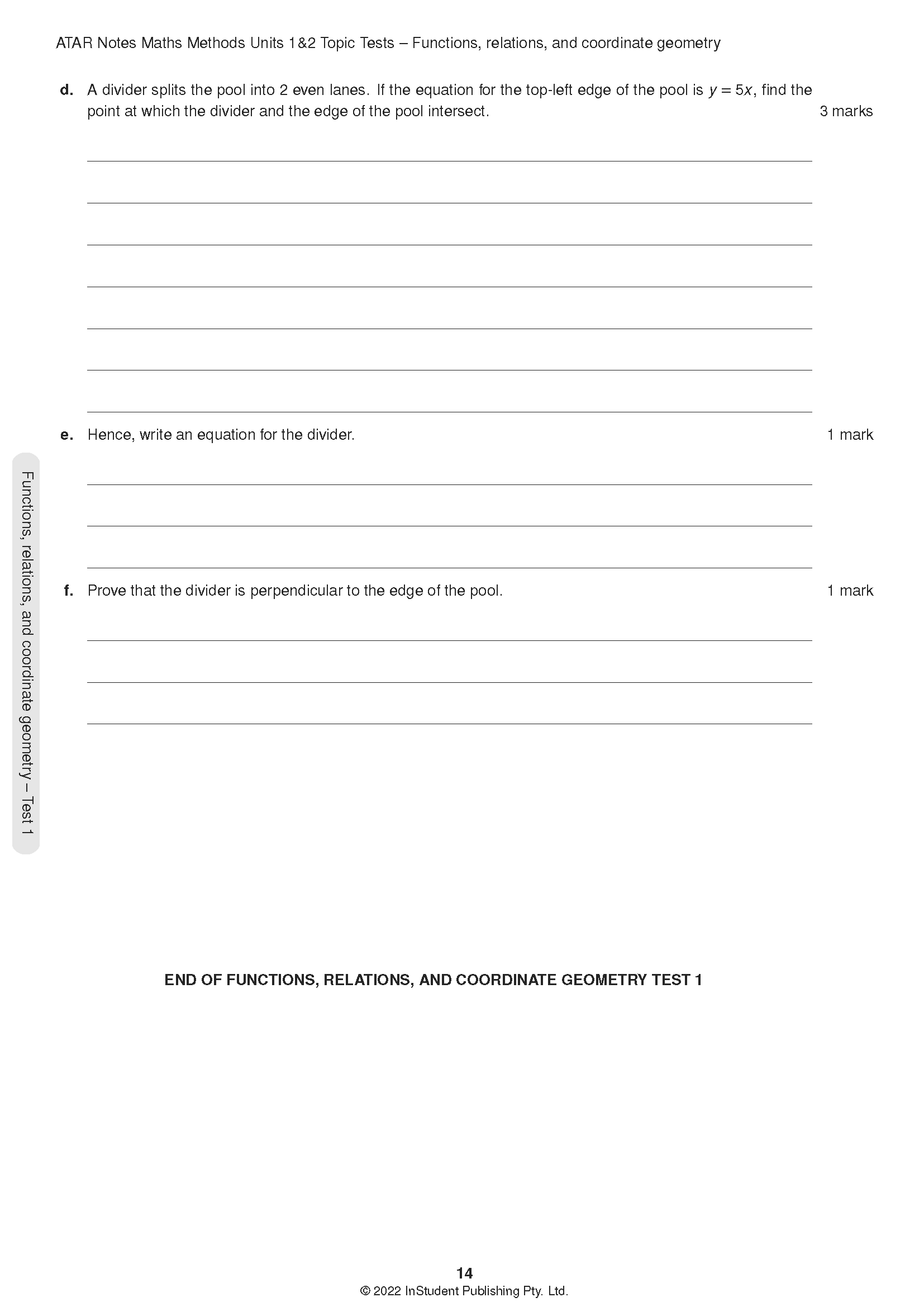 VCE Maths Methods 1&2 Topic Tests (2024-2026) by ATAR Notes, displaying white page 14 with black text questions d, e, f, and answer lines.