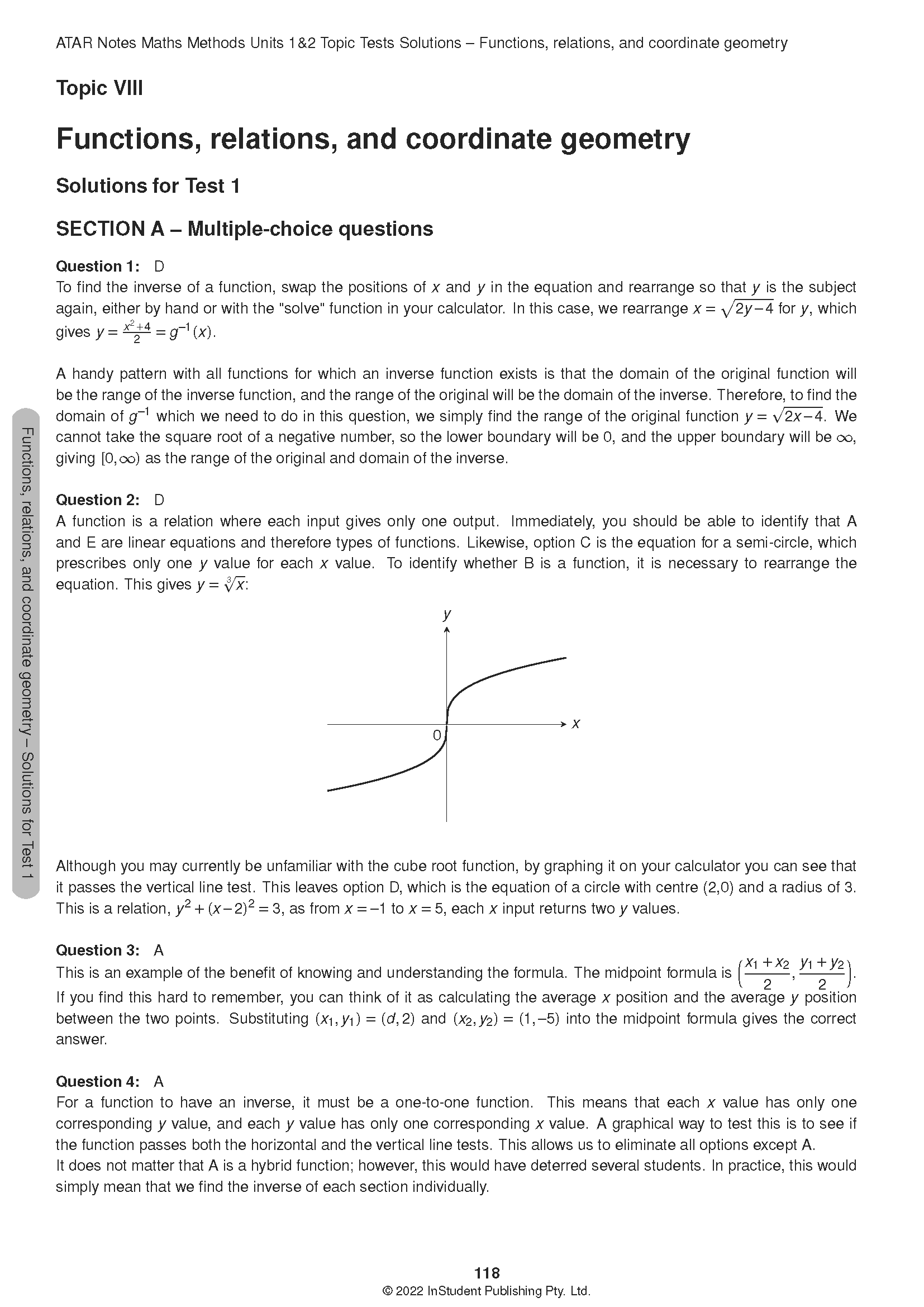 VCE Maths Methods 1&2 Topic Tests by ATAR Notes, displaying a solution page with explanations and a cube root graph.