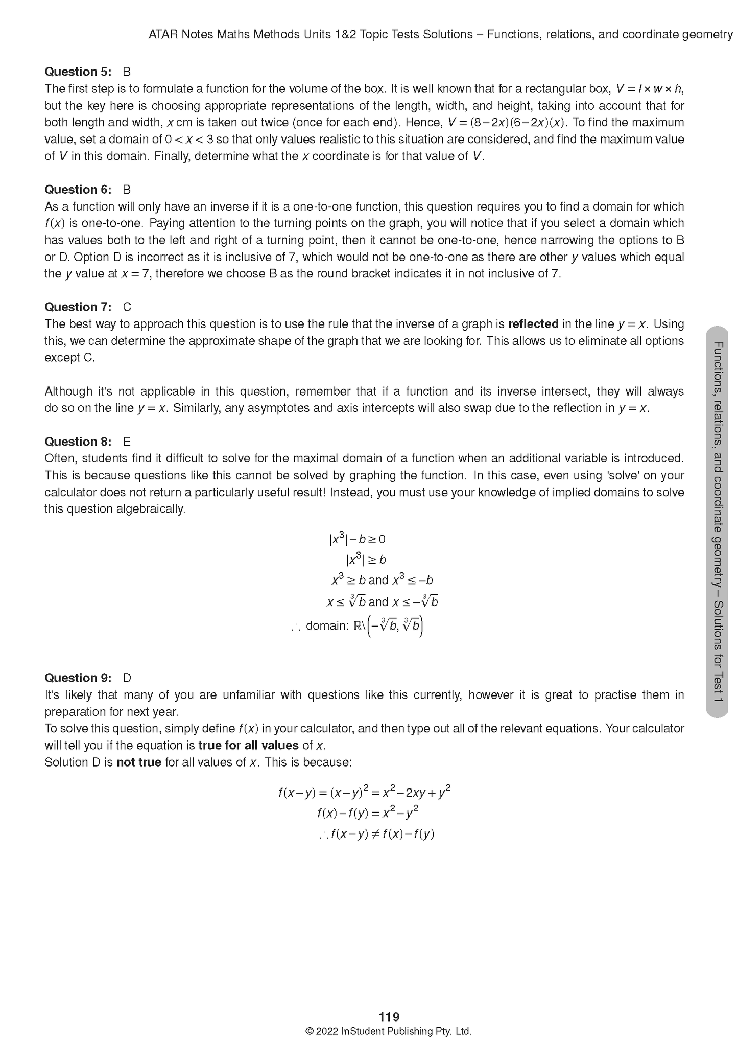 VCE Maths Methods 1&2 Topic Tests (2024-2026) by ATAR Notes, displaying a white page with questions and mathematical solutions.