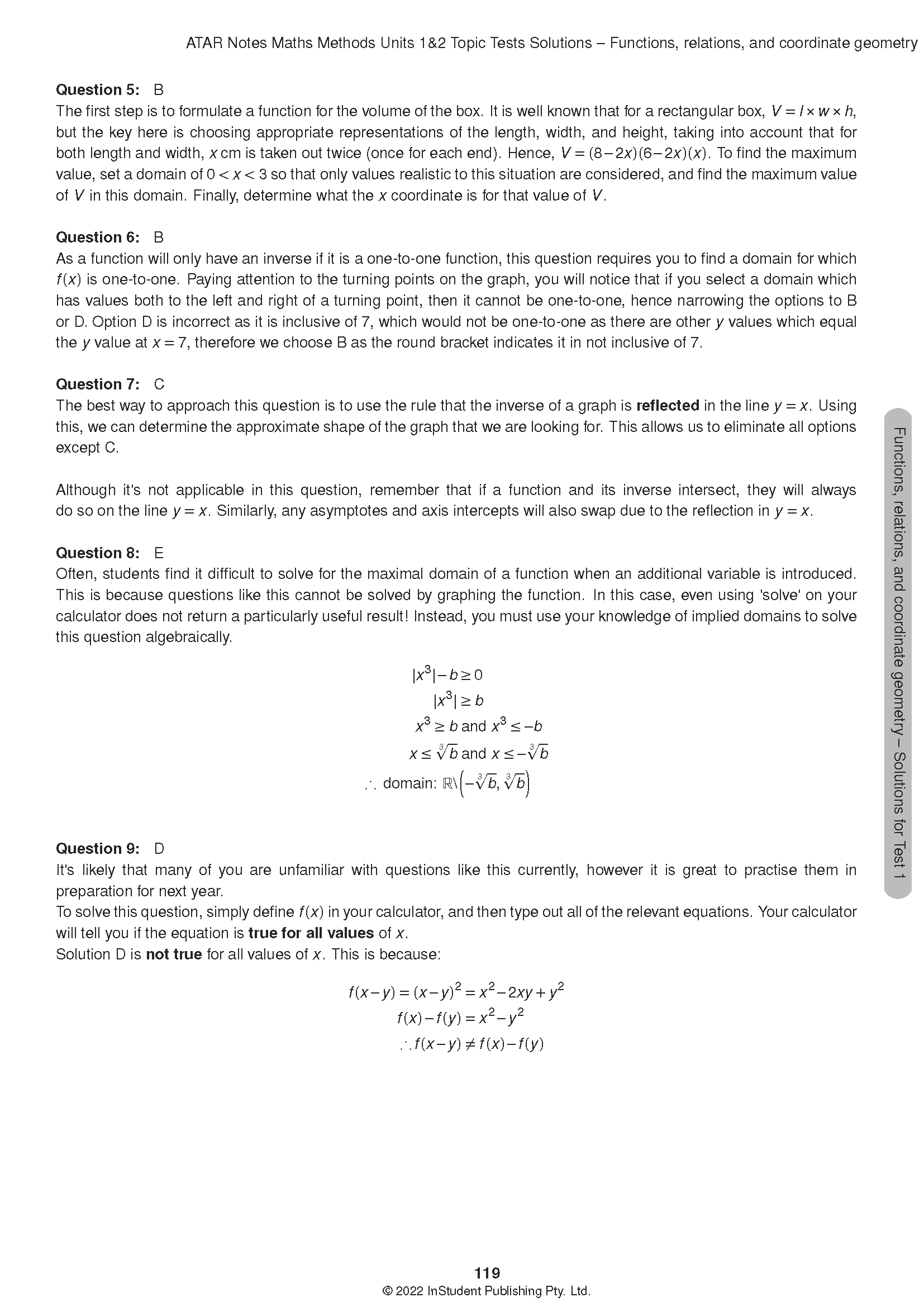 VCE Maths Methods 1&2 Topic Tests (2024-2026) by ATAR Notes, displaying a white page with questions and mathematical solutions.