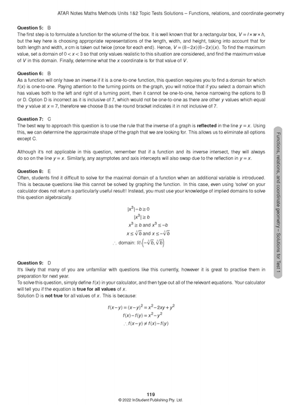 VCE Maths Methods 1&2 Topic Tests (2024-2026) by ATAR Notes, displaying a white page with questions and mathematical solutions.