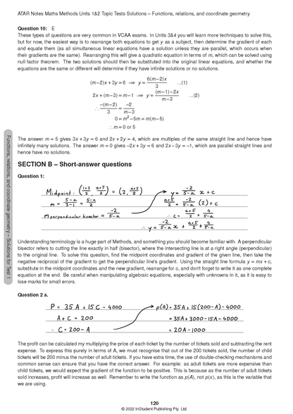 VCE Maths Methods Topic Tests Solutions by ATAR Notes, displaying handwritten equations and step-by-step solutions for geometry problems.