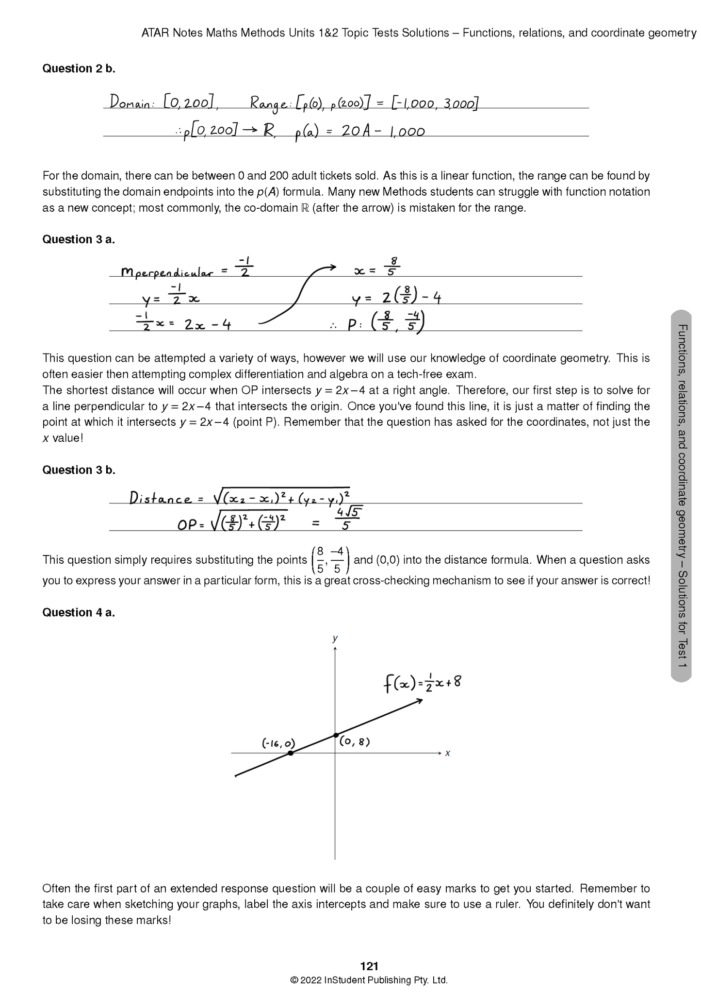 Maths Methods Topic Tests Solutions by ATAR Notes, featuring handwritten equations, graphs, and text explanations on a white page.