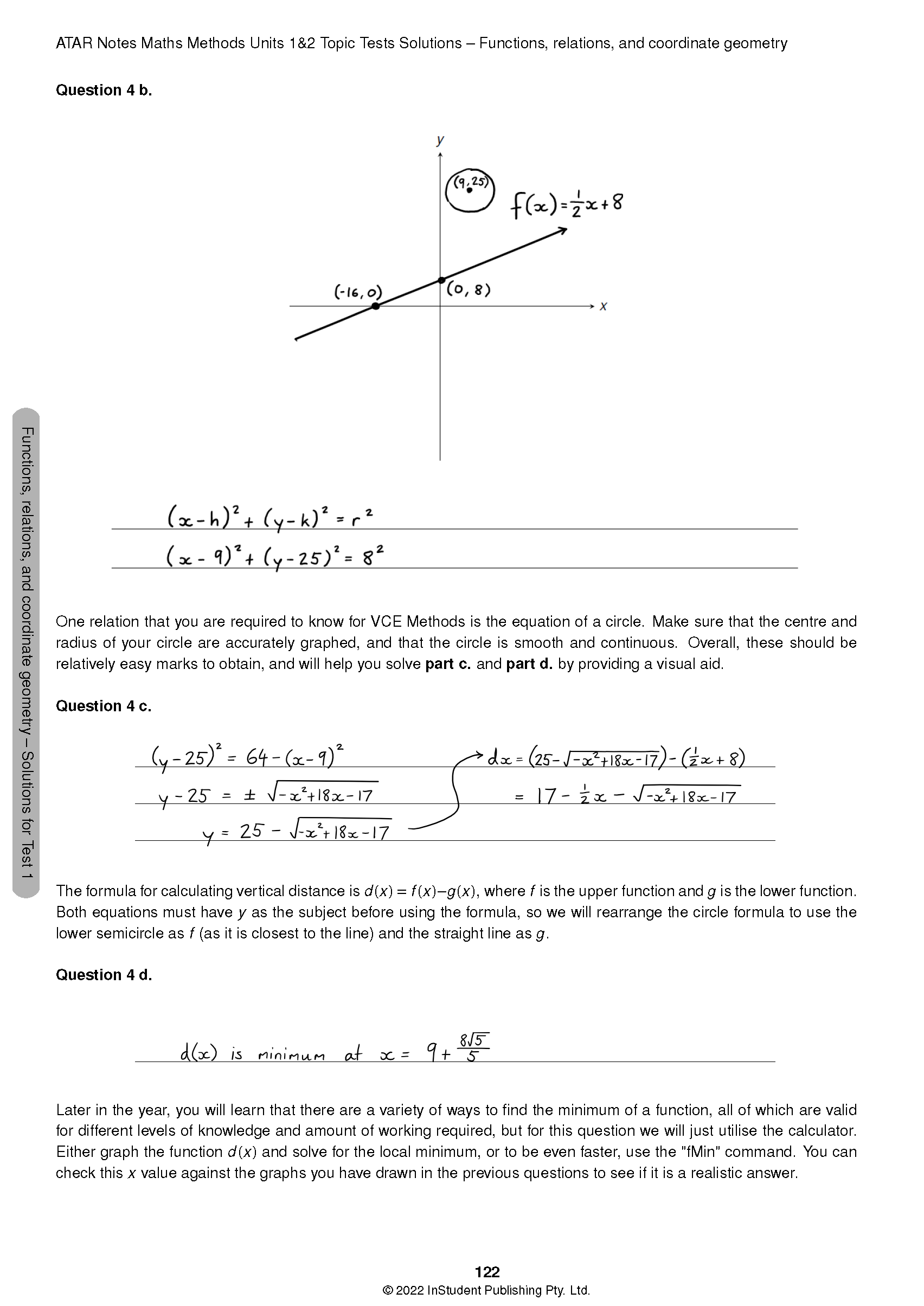 Maths Methods Topic Tests page by ATAR Notes, showing solutions for functions, relations, and coordinate geometry.