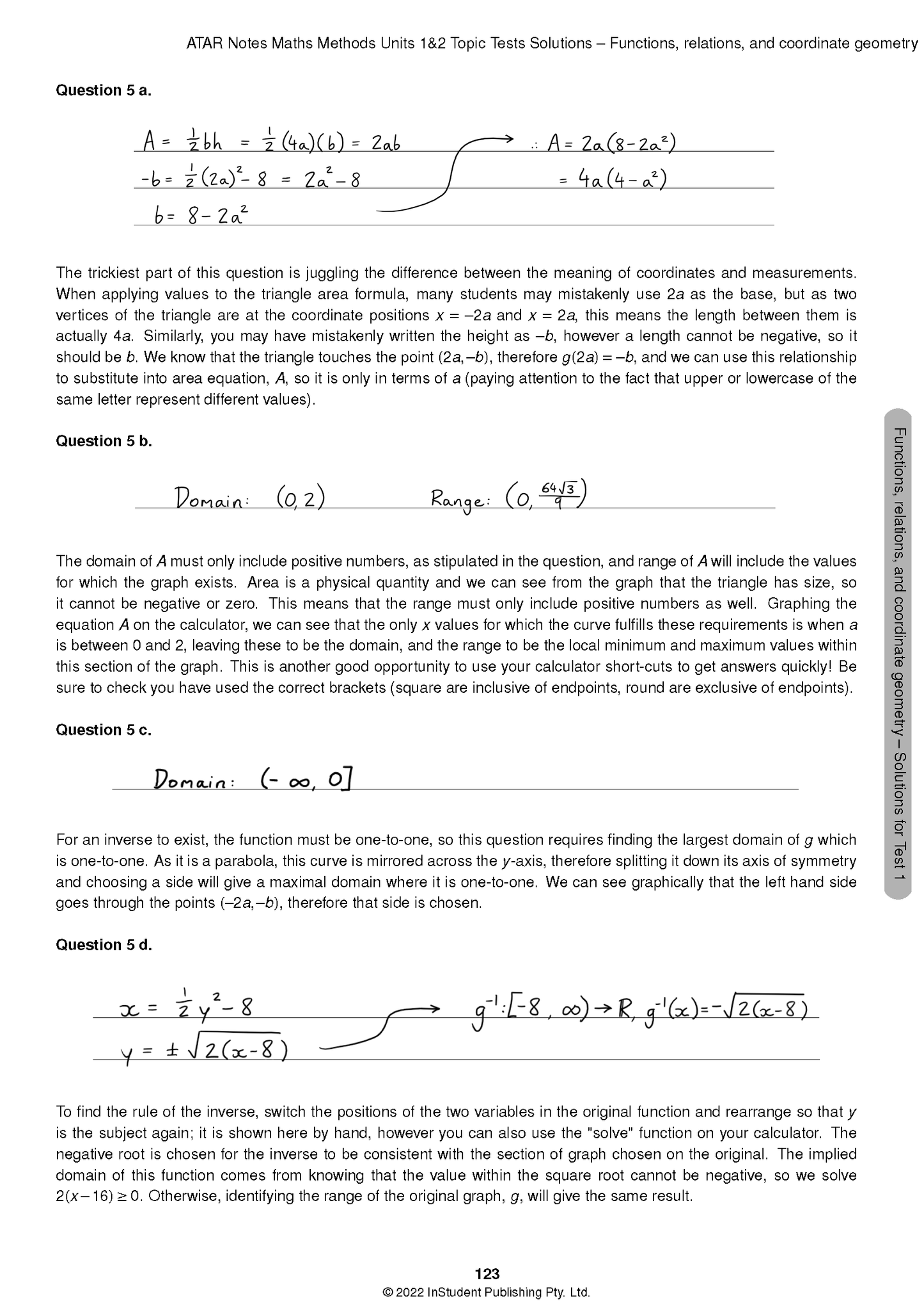 Topic Tests solution page by ATAR Notes displaying handwritten math solutions for functions, relations, and coordinate geometry.