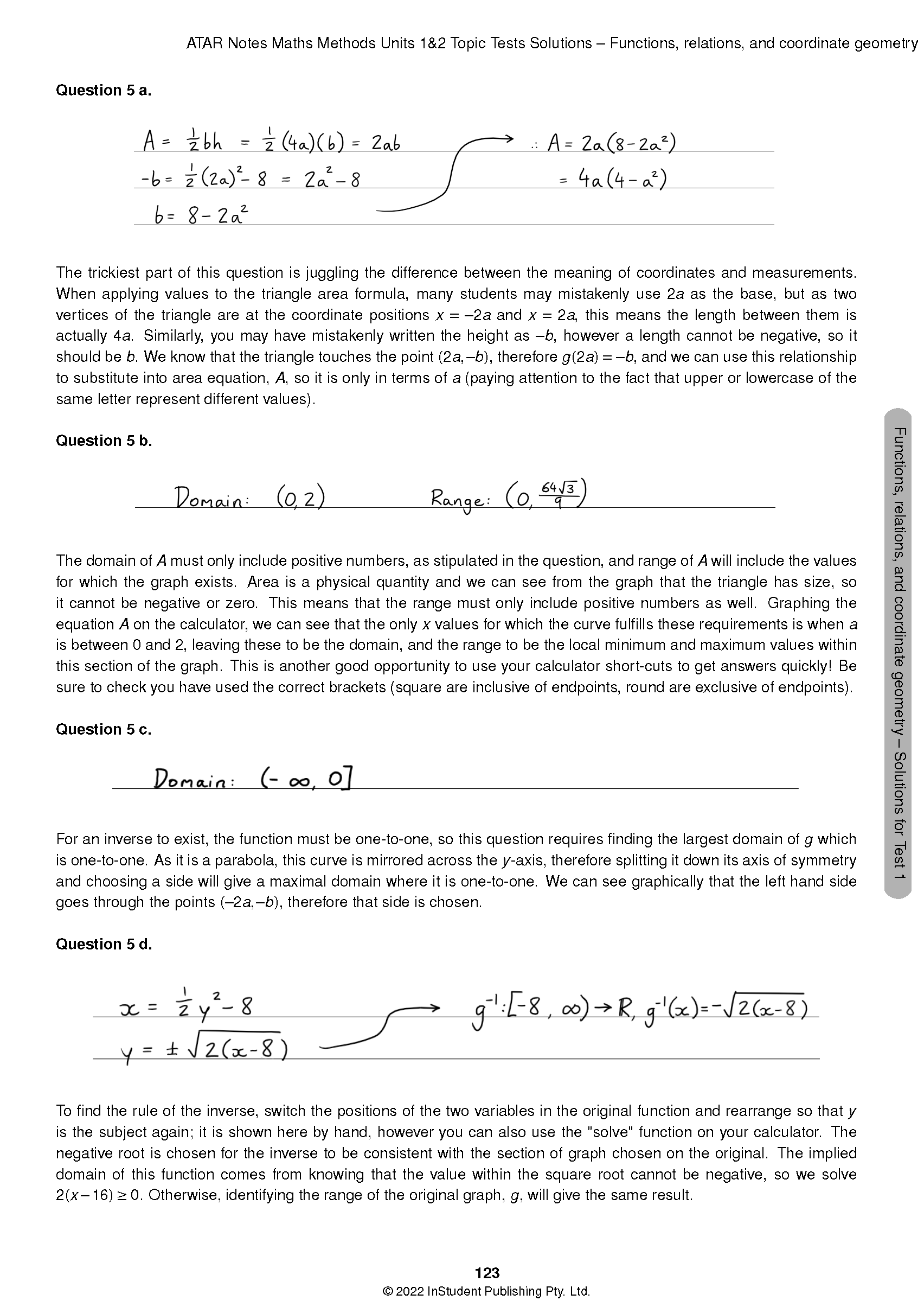 Topic Tests solution page by ATAR Notes displaying handwritten math solutions for functions, relations, and coordinate geometry.