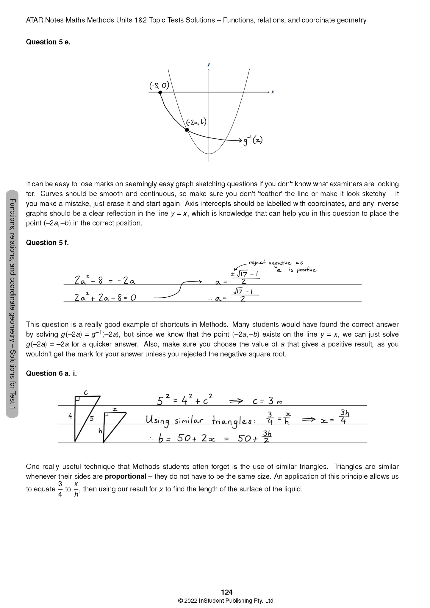 Maths Methods Topic Test solutions page from ATAR Notes, displaying handwritten steps for functions, relations, and geometry problems.