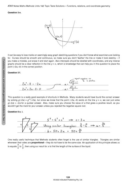 Maths Methods Topic Test solutions page from ATAR Notes, displaying handwritten steps for functions, relations, and geometry problems.