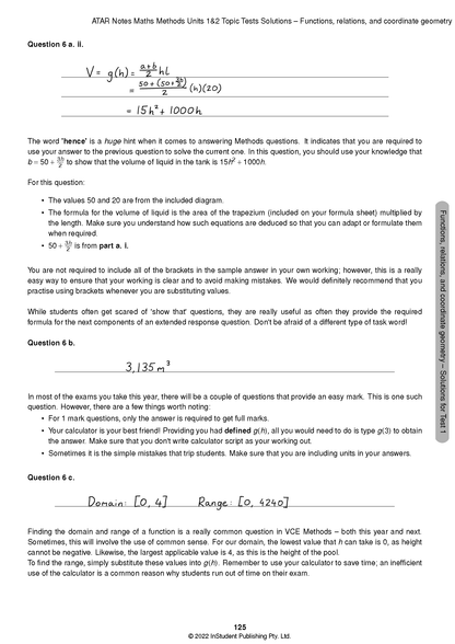 VCE Maths Methods 1&2 Topic Tests by ATAR Notes, displaying a cropped page with mathematical equations, text, and solutions.