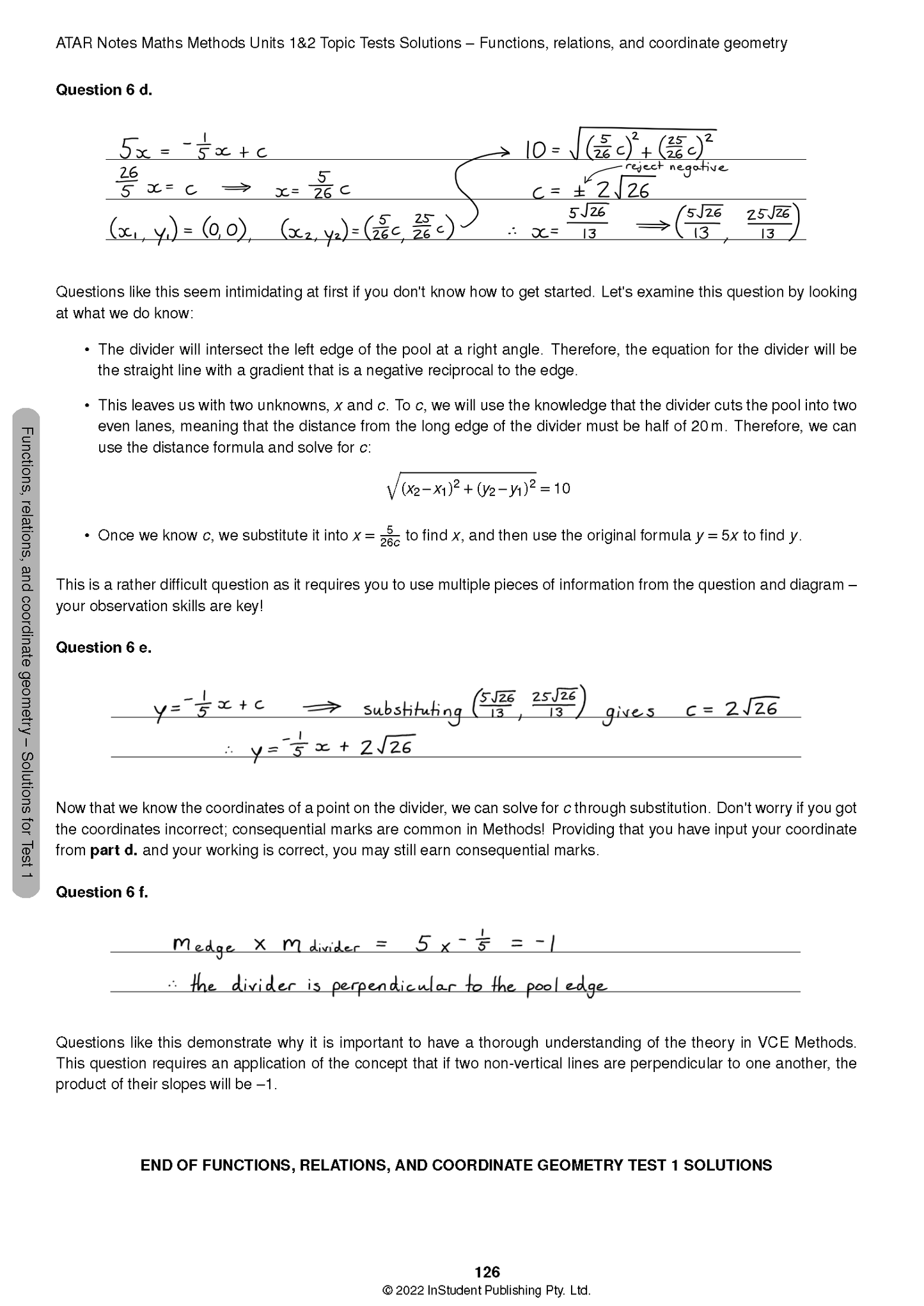 Maths Methods Topic Tests solution page by ATAR Notes, with handwritten and typed calculations for coordinate geometry problems.