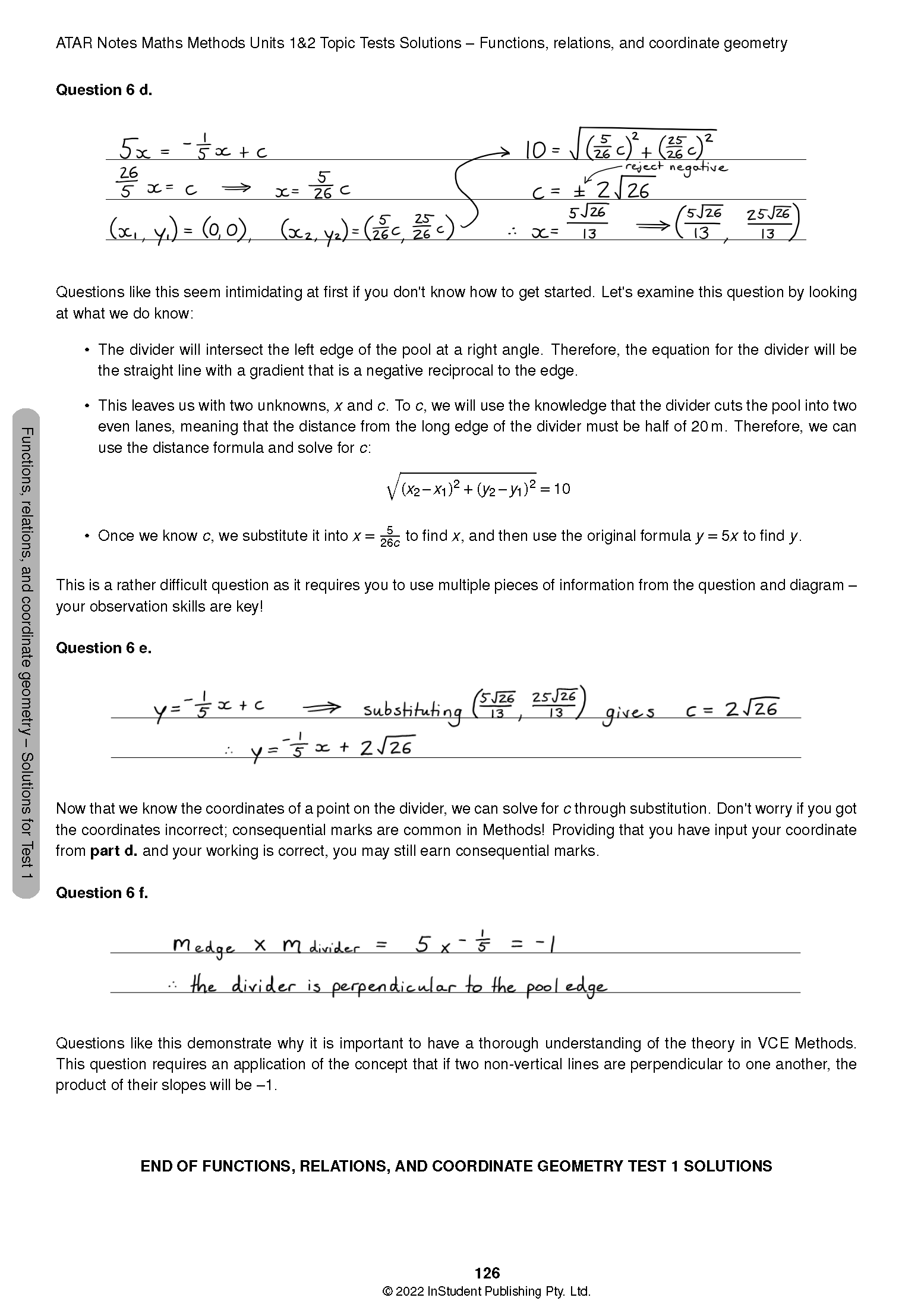 Maths Methods Topic Tests solution page by ATAR Notes, with handwritten and typed calculations for coordinate geometry problems.