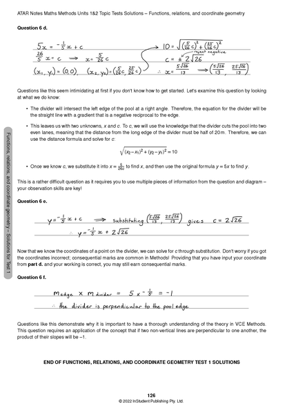 Maths Methods Topic Tests solution page by ATAR Notes, with handwritten and typed calculations for coordinate geometry problems.