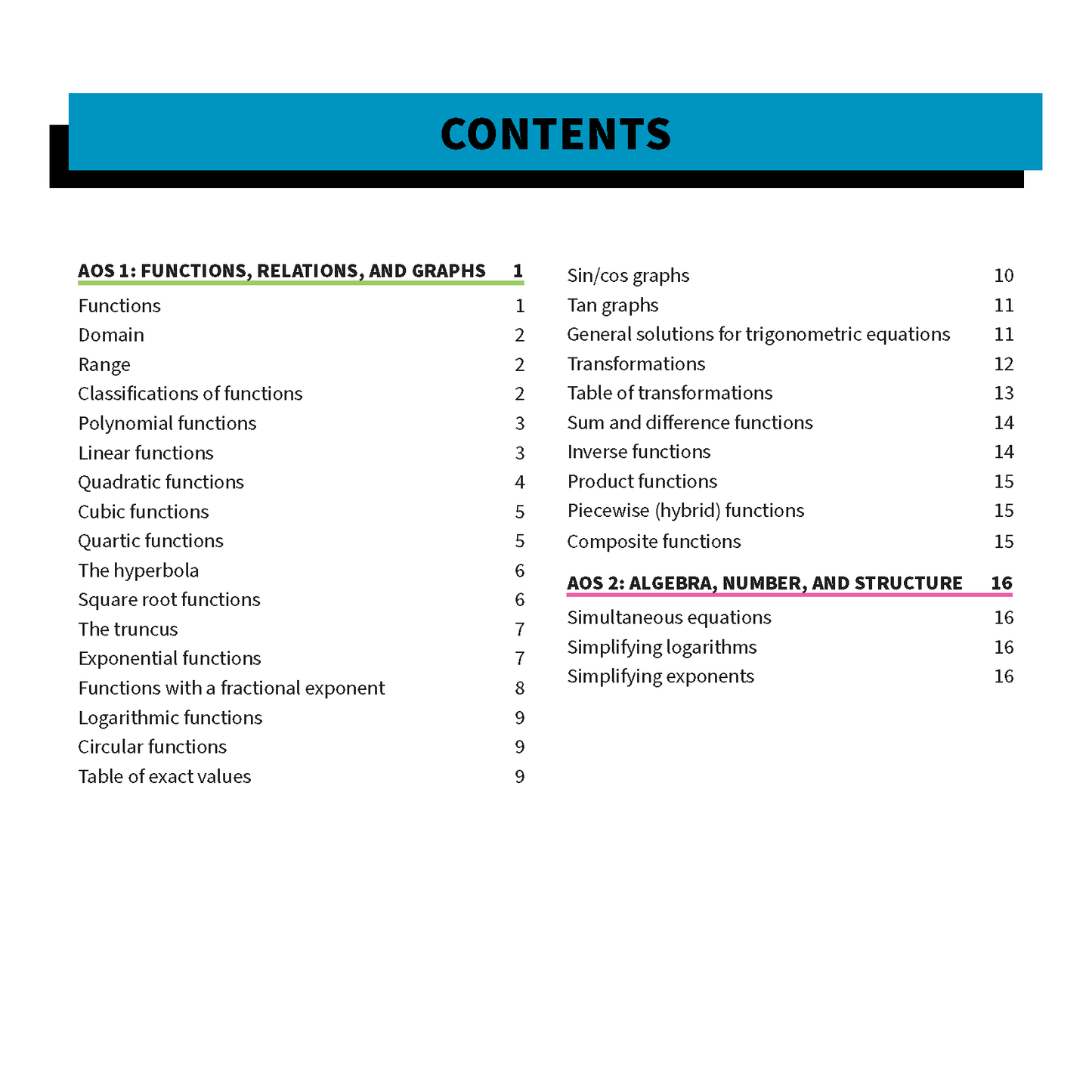 VCE Maths Methods 3&4 summary sheets by ATAR Notes, displaying a contents page with mathematical topics and page numbers.