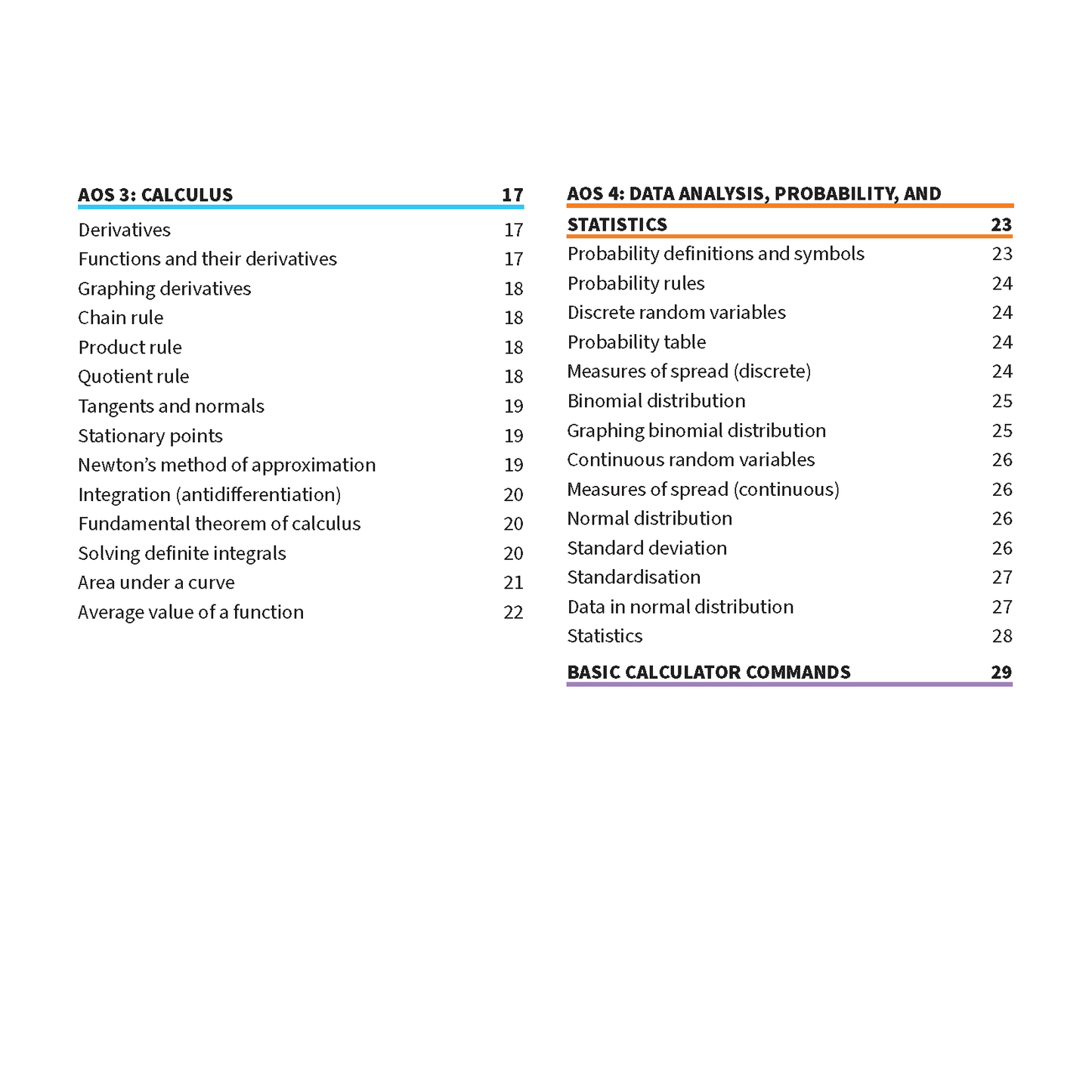 Summary sheets by ATAR Notes, featuring a table of contents on a white page with blue, orange, and purple accent lines, detailing topics like Calculus and Statistics.