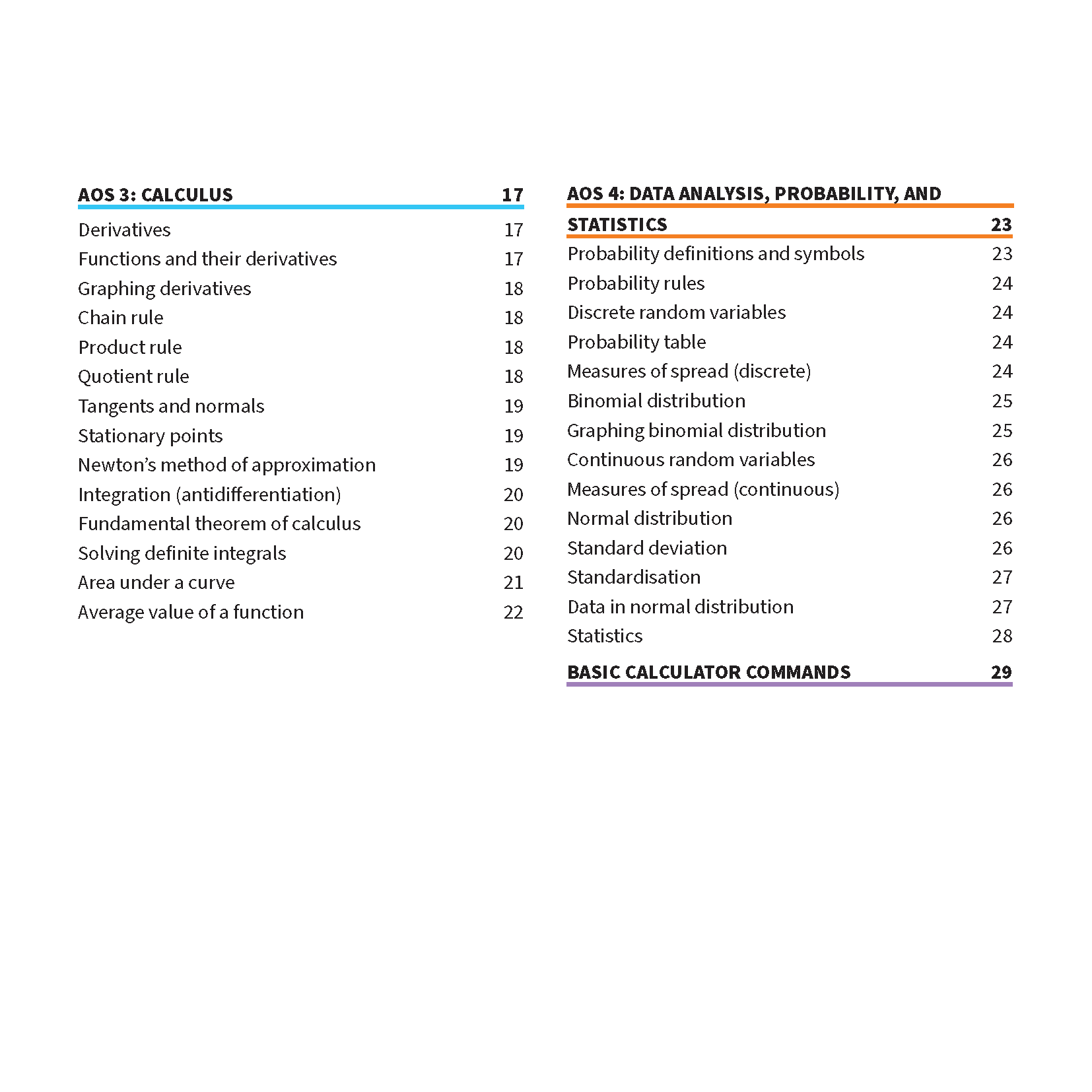 Summary sheets by ATAR Notes, featuring a table of contents on a white page with blue, orange, and purple accent lines, detailing topics like Calculus and Statistics.
