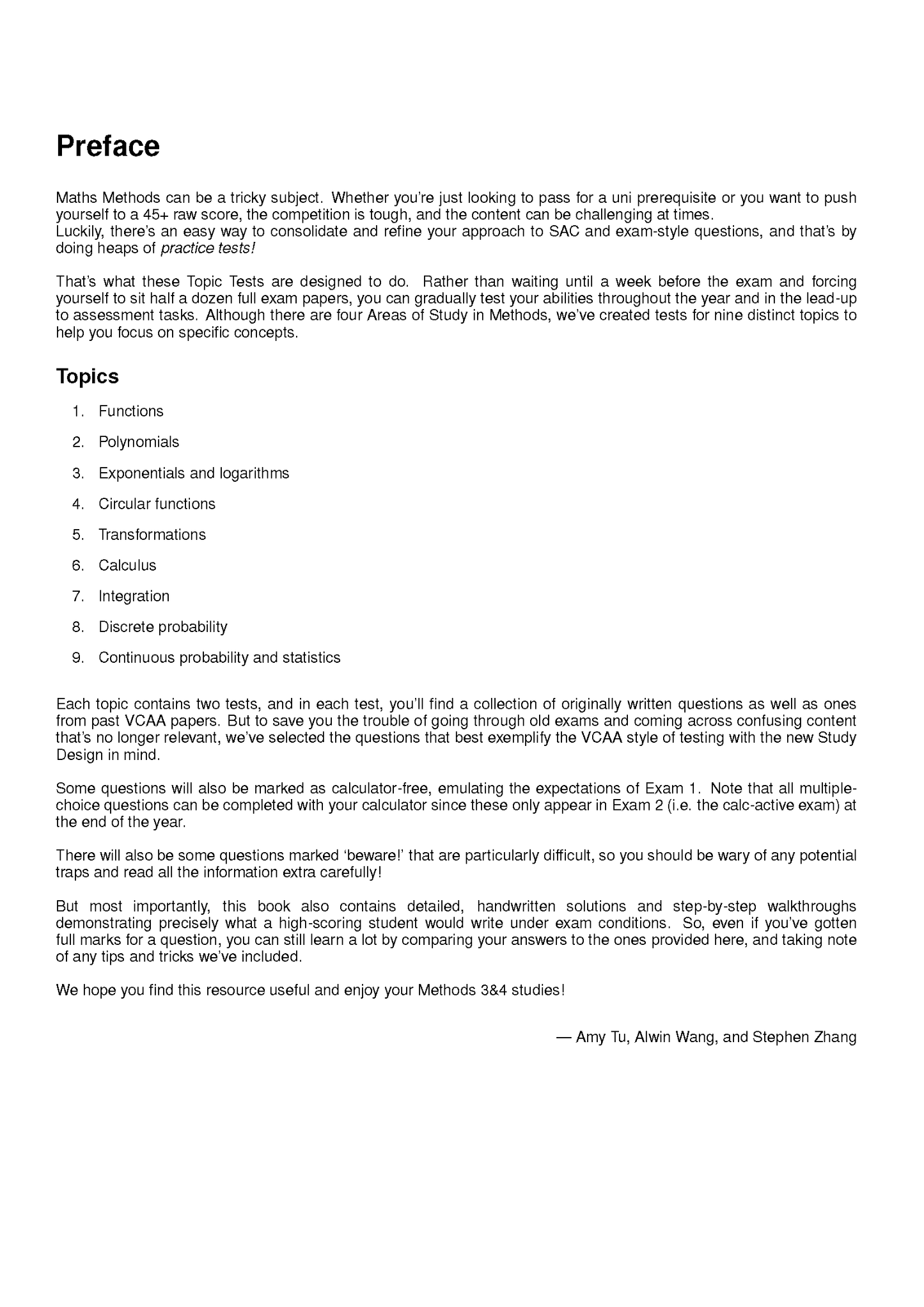 Maths Methods topic tests study guide by ATAR Notes, featuring the preface and a numbered list of nine topics.