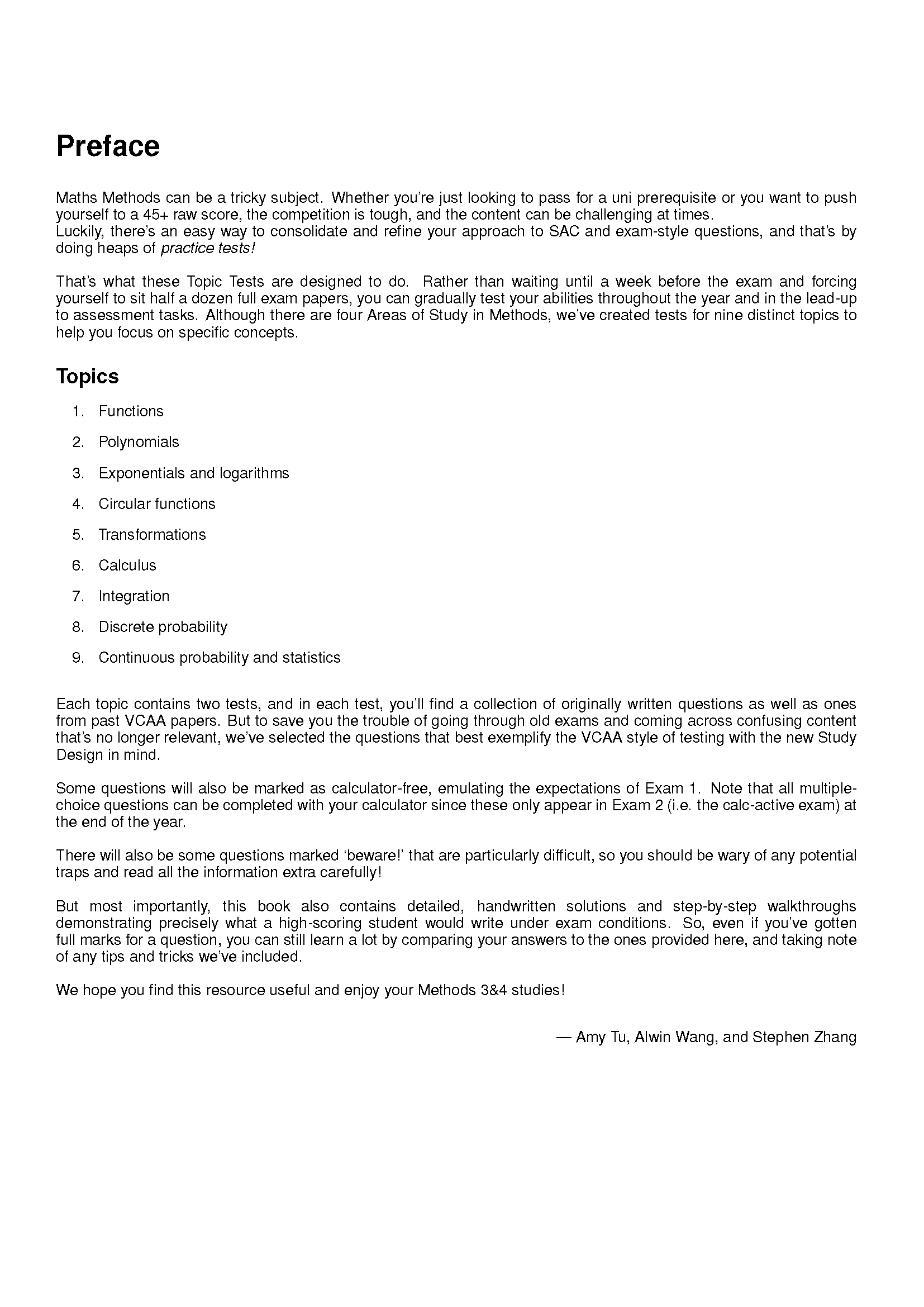 Maths Methods topic tests study guide by ATAR Notes, featuring the preface and a numbered list of nine topics.