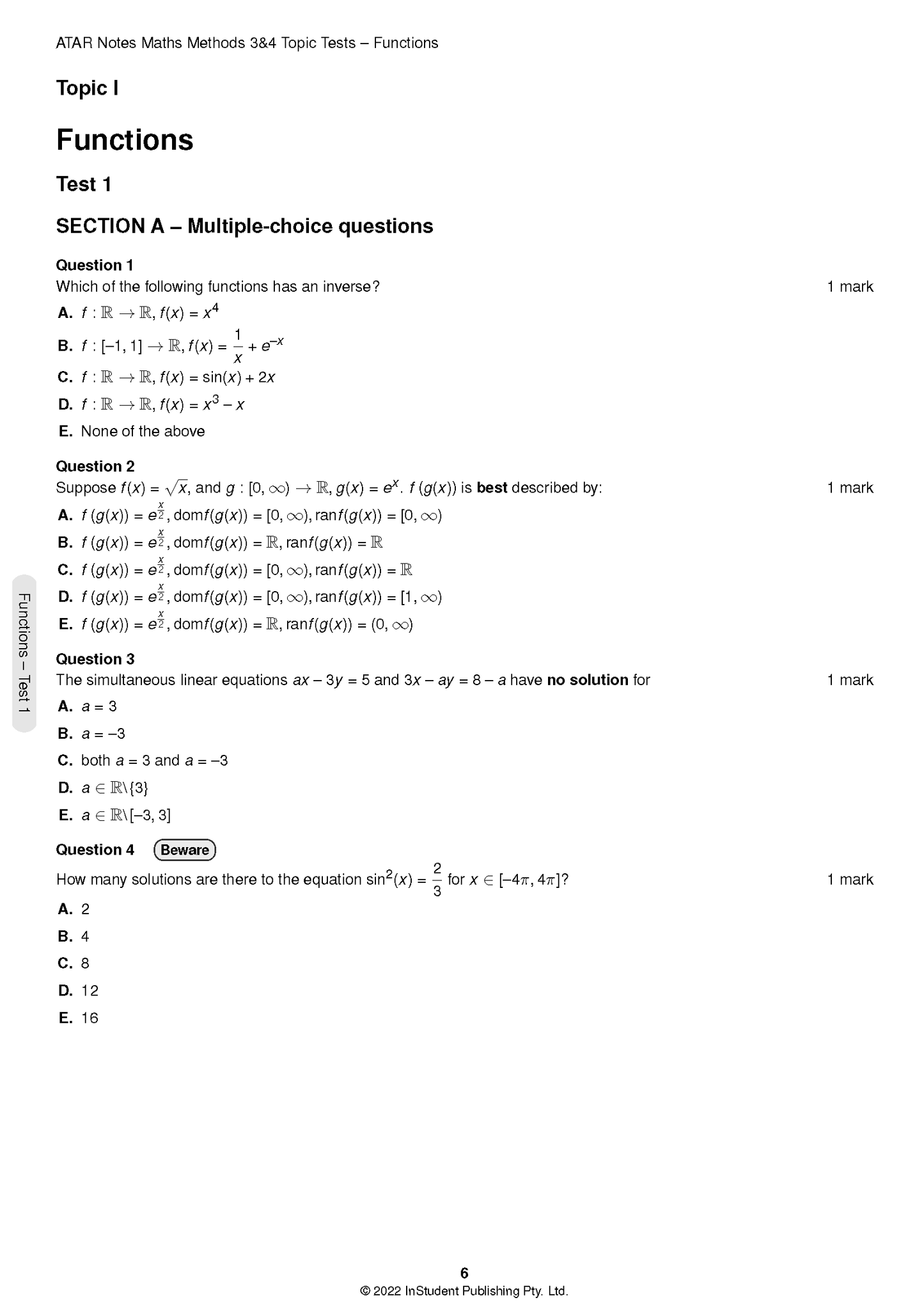 Maths Methods 3&4 Topic Tests by ATAR Notes, a white page displaying multiple-choice questions on functions.
